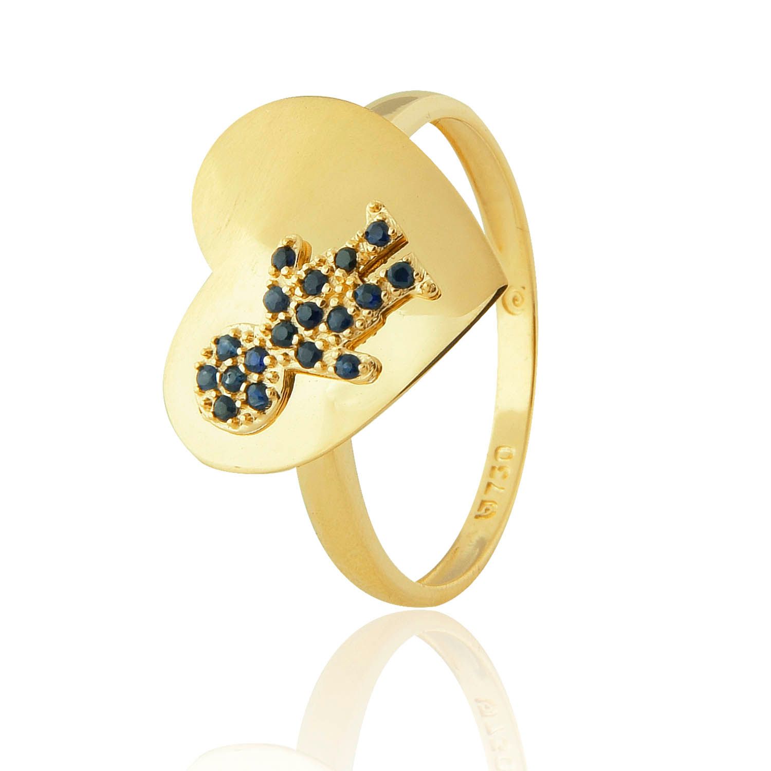 ANEL CORAÇÃO MENINO OURO AMARELO 10K 10MM COM SAFIRA AZUL ECO