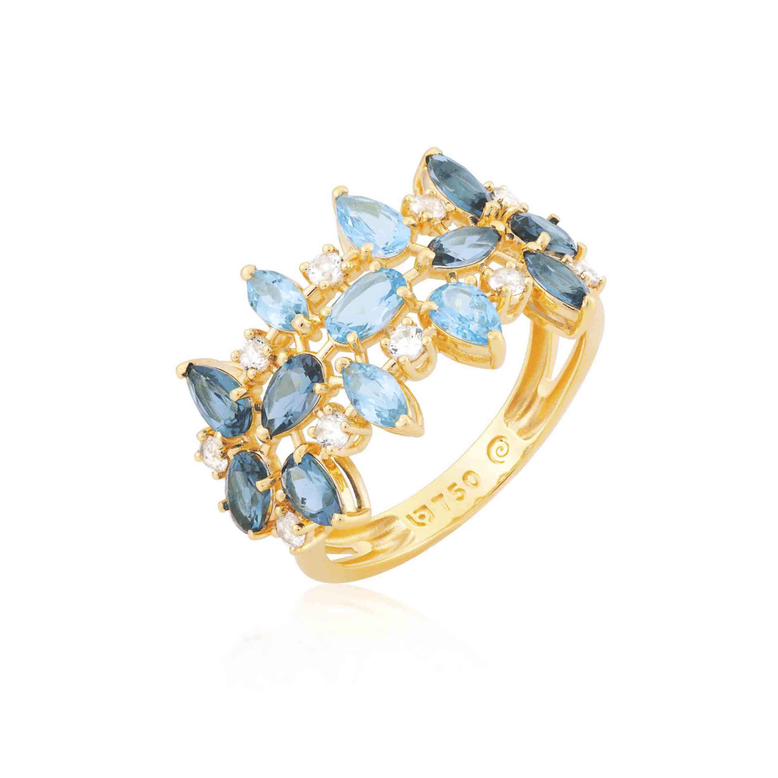 ANEL OURO AMARELO 18K COM TOP.BRANCO TOP.AZUL E TOP.LONDON