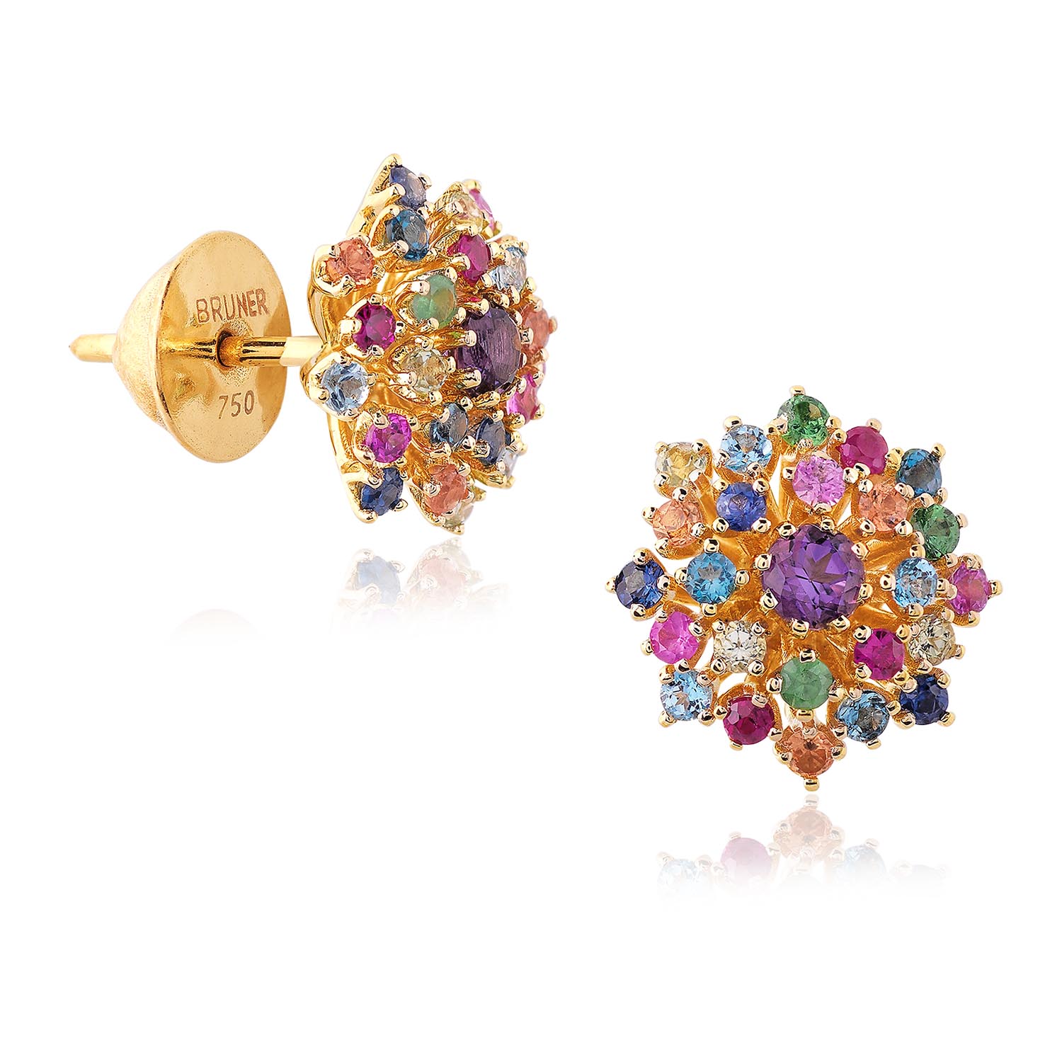 BRINCO BUQUE OURO AMARELO 18K COM AMET. PERID. SAF.ROSA SAF.AZUL TSAV. RUBI T.LONDON T.AZUL SAF.LARANJ