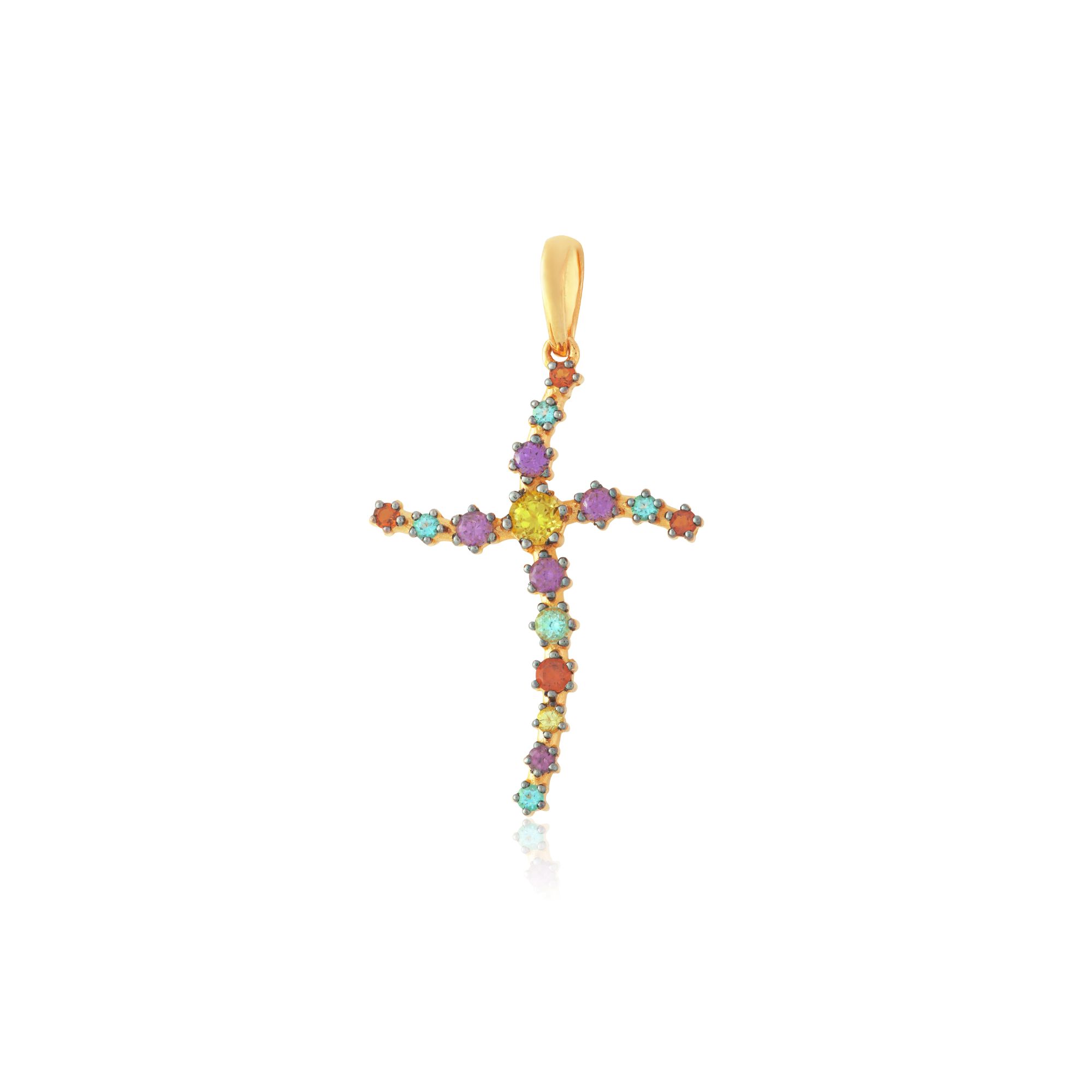 PINGENTE CRUZ OURO AMARELO 18K COM PERIDOTO RODOLITA TOP. AZUL CITRINO