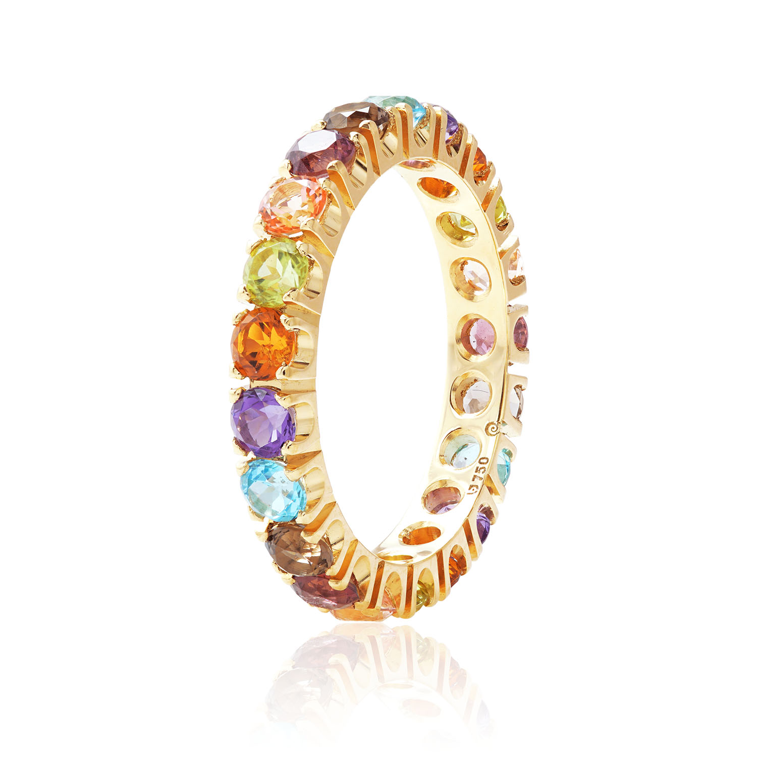 ALIANÇA INTEIRA 3MM OURO AMARELO 18K COM PERIDOTO TOP. PESSEGO RODOLITA Q.FUME TOP.AZUL AMETISTA CITRINO