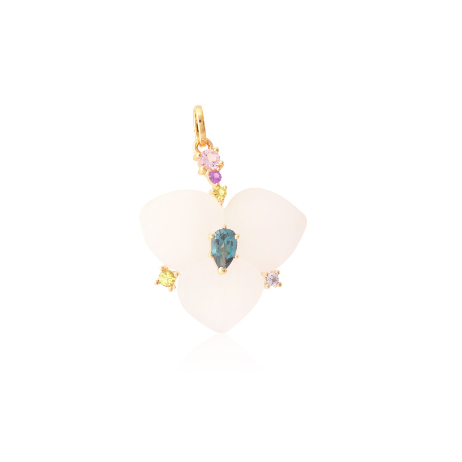 PINGENTE OURO AMARELO 10K FLOR CRISTAL COM PERID.ECO S. ROSA ECO AMET.ECO TOP. AZUL ECO A. MAR.ECO