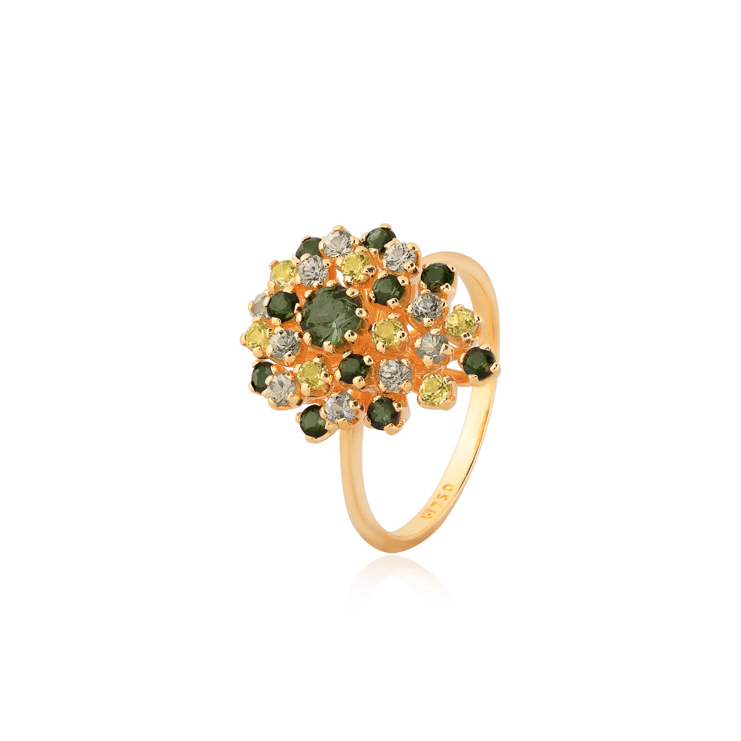 ANEL BUQUÊ GOTA OURO AMARELO 18K COM SAFIRA VERDE PERIDOTO TURMALINA VERDE