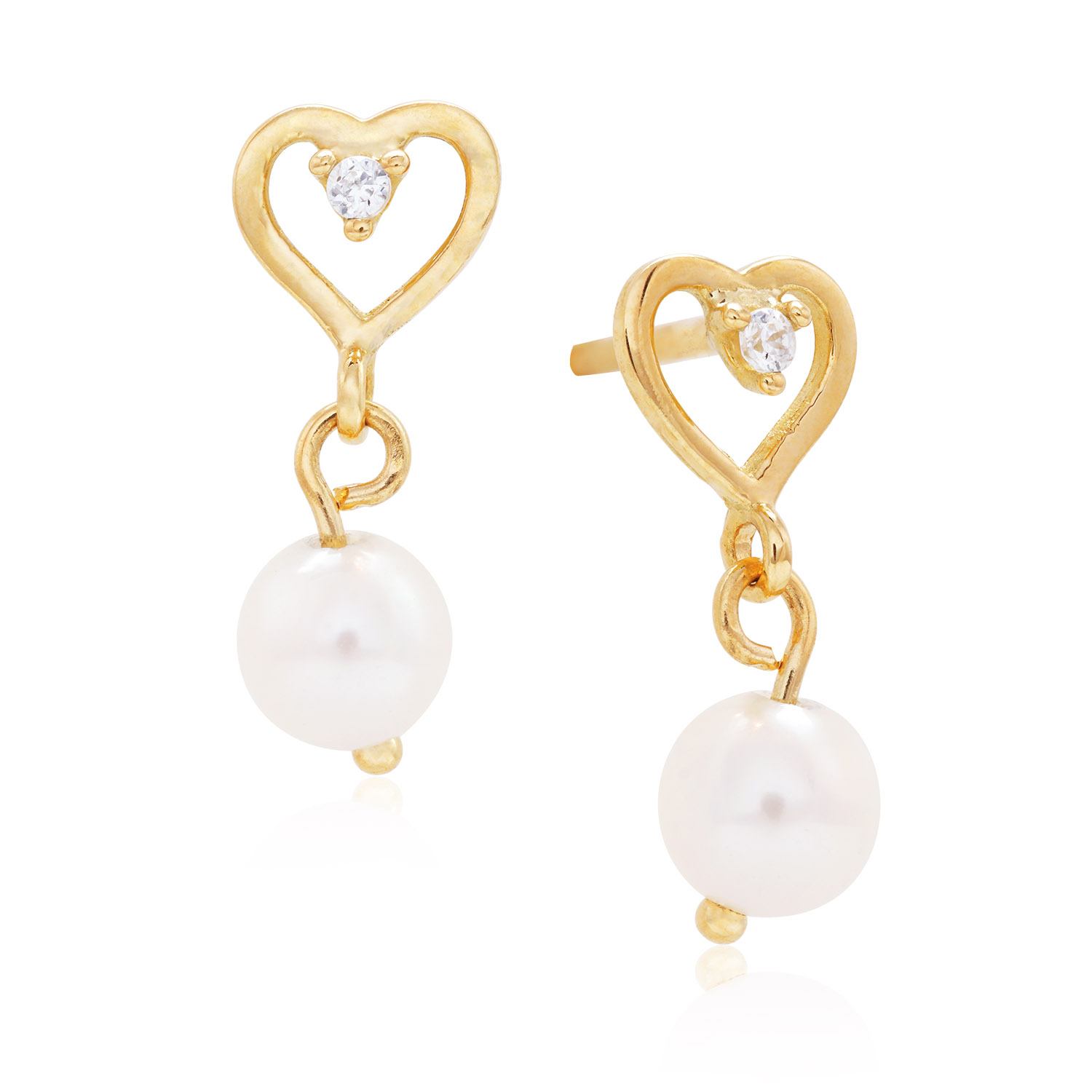 BRINCO BABY CORAÇÃO OURO AMARELO 18K COM ZIRCÔNIA E PEROLA