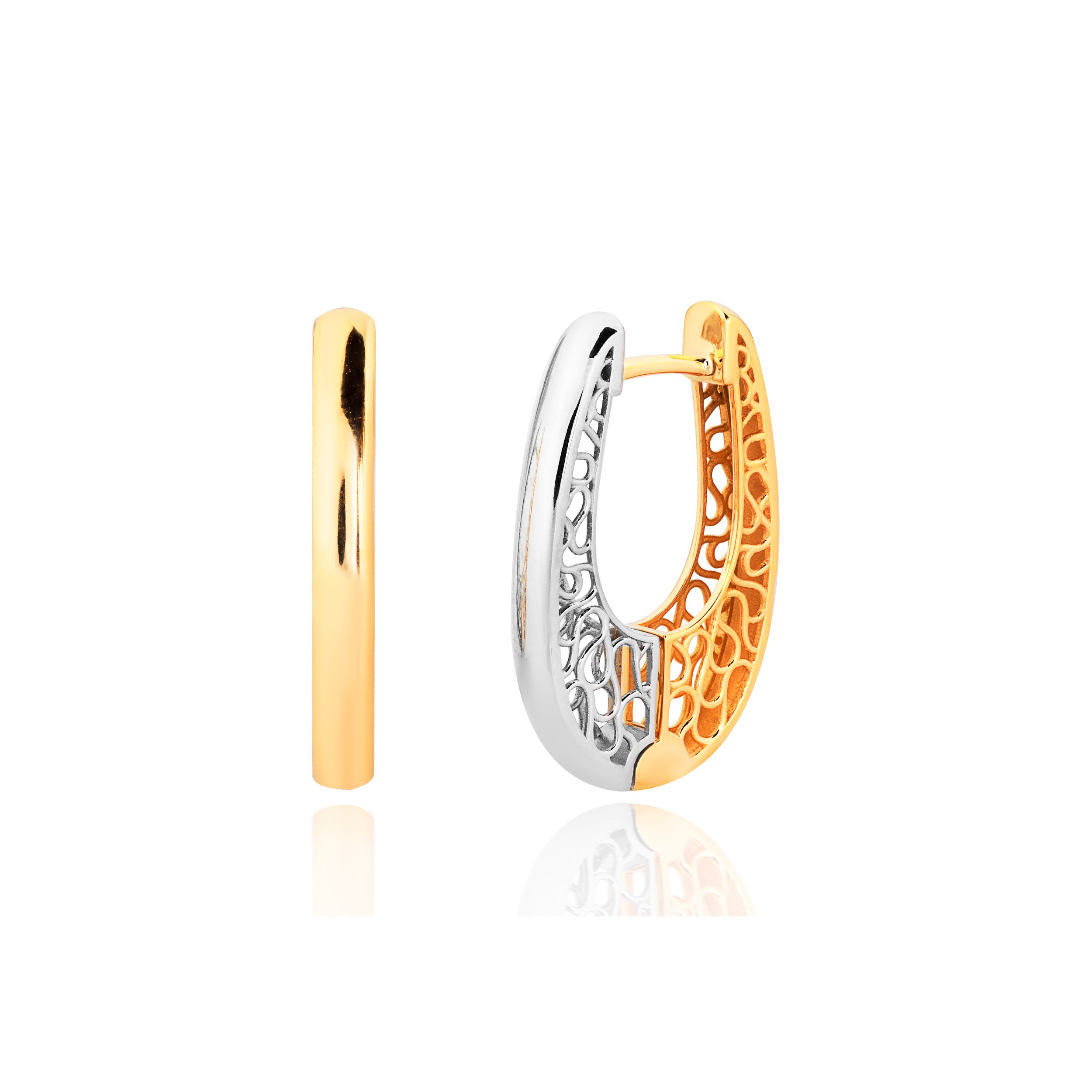 BRINCO DUPLA FACE OVAL OURO AMARELO E BRANCO 18K MÉDIO FILIGRANA 21MM