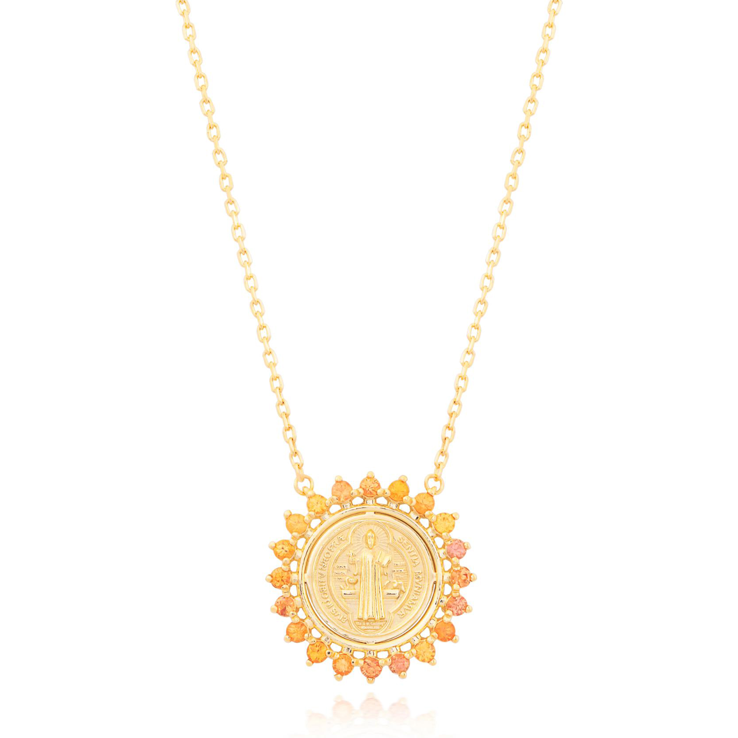 GARGANTILHA REDONDA SÃO BENTO OURO AMARELO 18K COM SAFIRA LARANJA