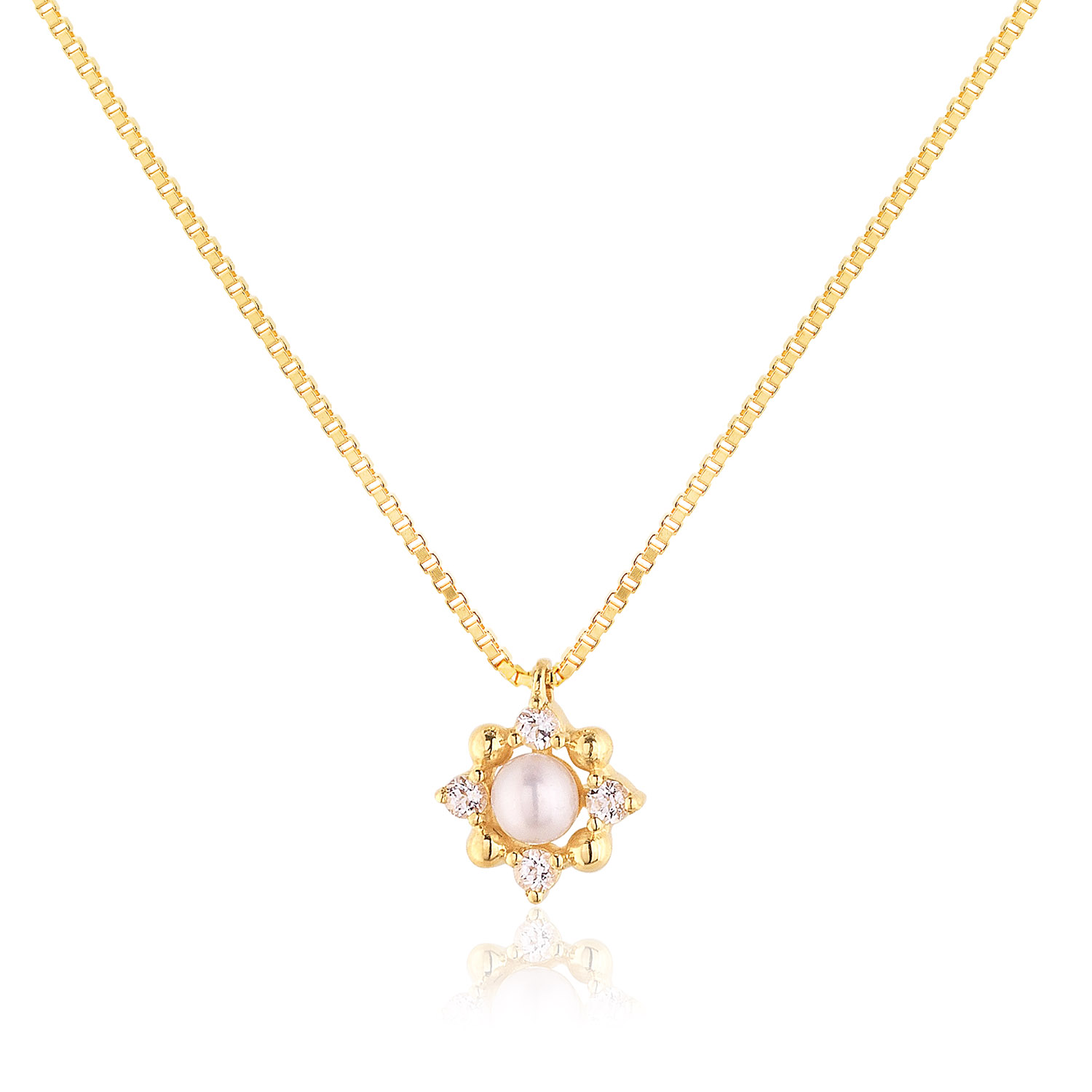 GARGANTILHA FLOR OURO AMARELO 18K COM PEROLA E TOP. BRANCO
