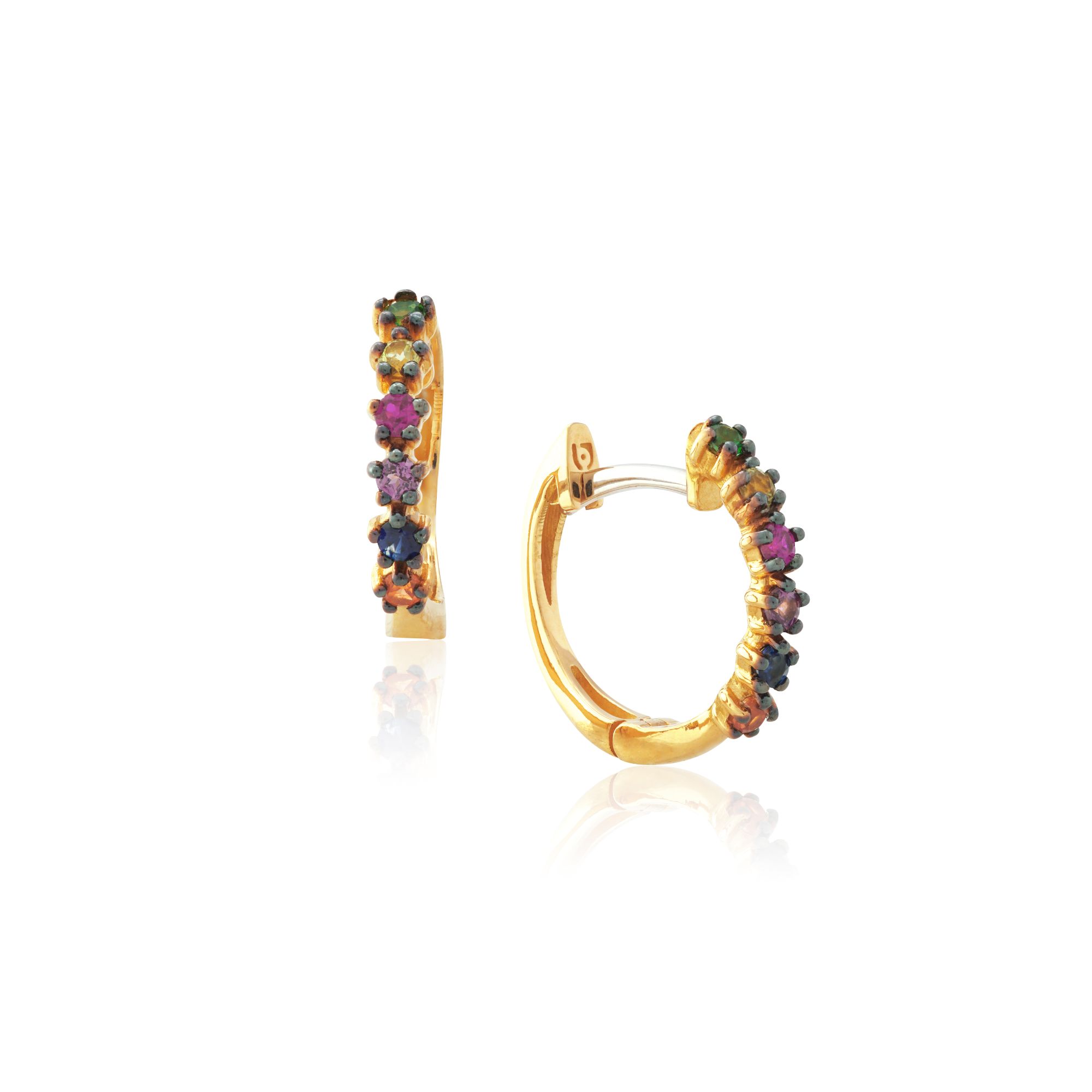 BRINCO OVAL PEQUENO OURO AMARELO 18K COM TOP. RAINSF. ROD. PERID. SAF. AZUL RUBI SAF. LARANJA
