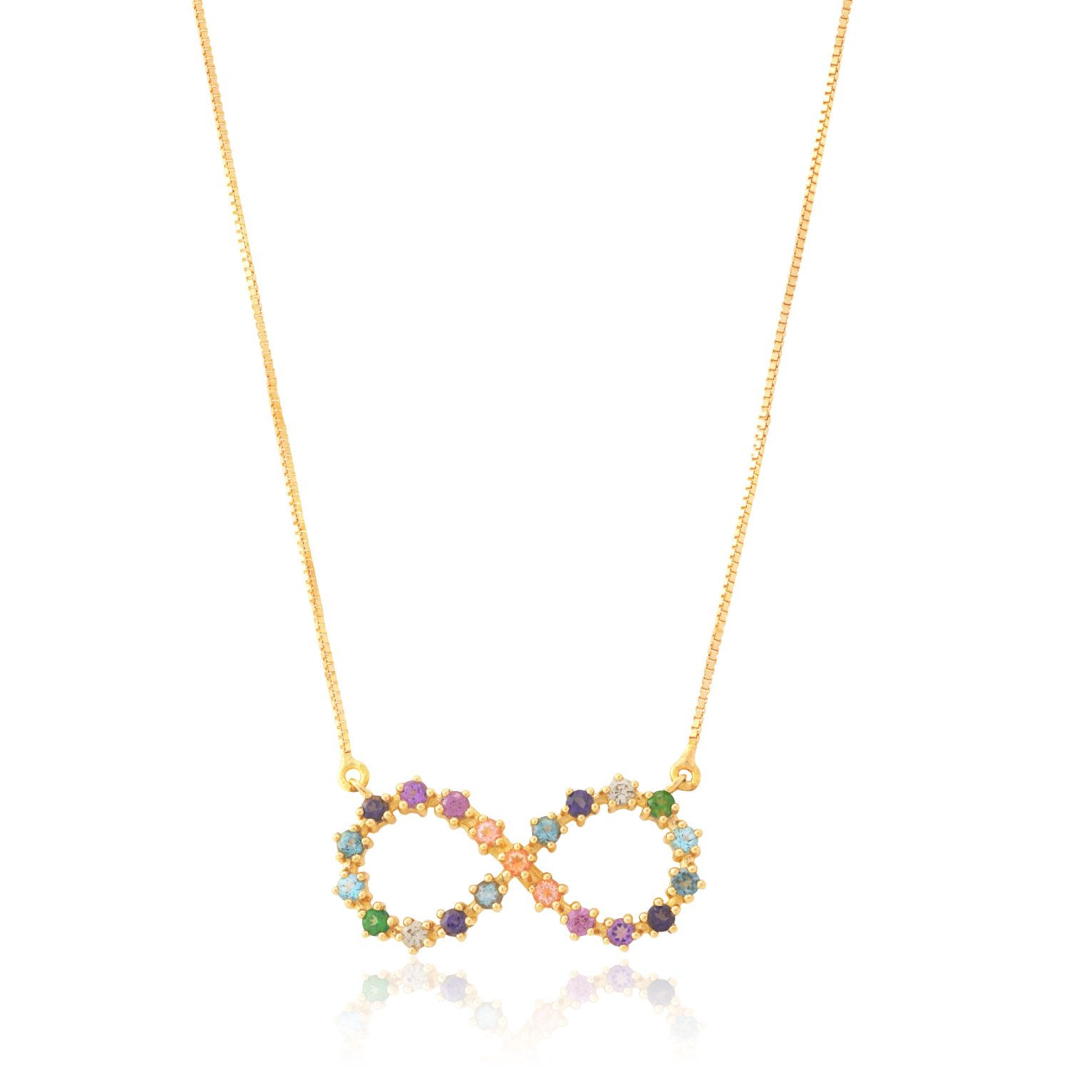 GARGANTILHA INFINITO OURO AMARELO 18K COM T. PEACH ROD. AM. IOLITA T.AZUL T.LONDON T.RAINF. SAF.VERDE