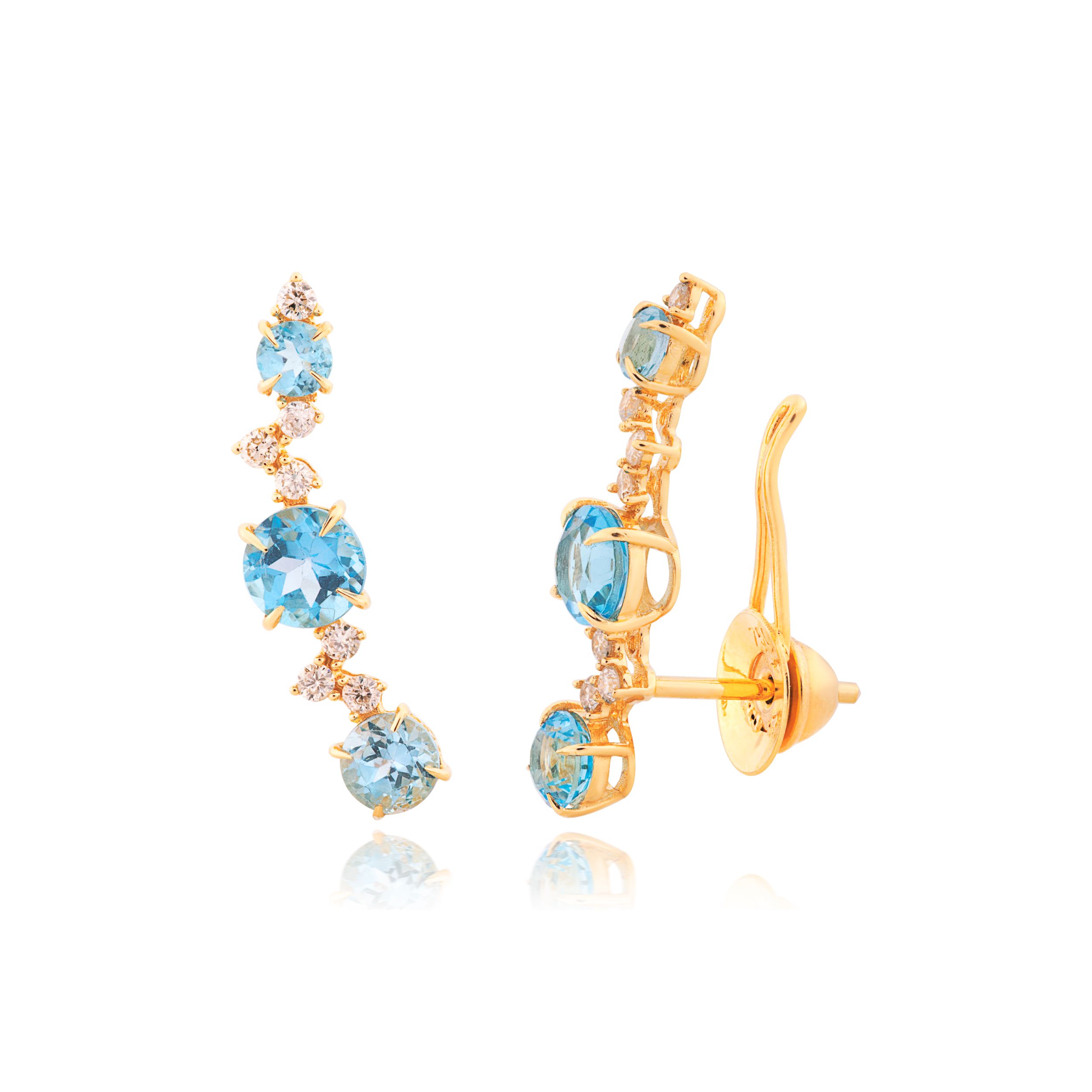 BRINCO EAR CUFF OURO AMARELO 18K COM BRILHANTE E TOPÁZIO AZUL
