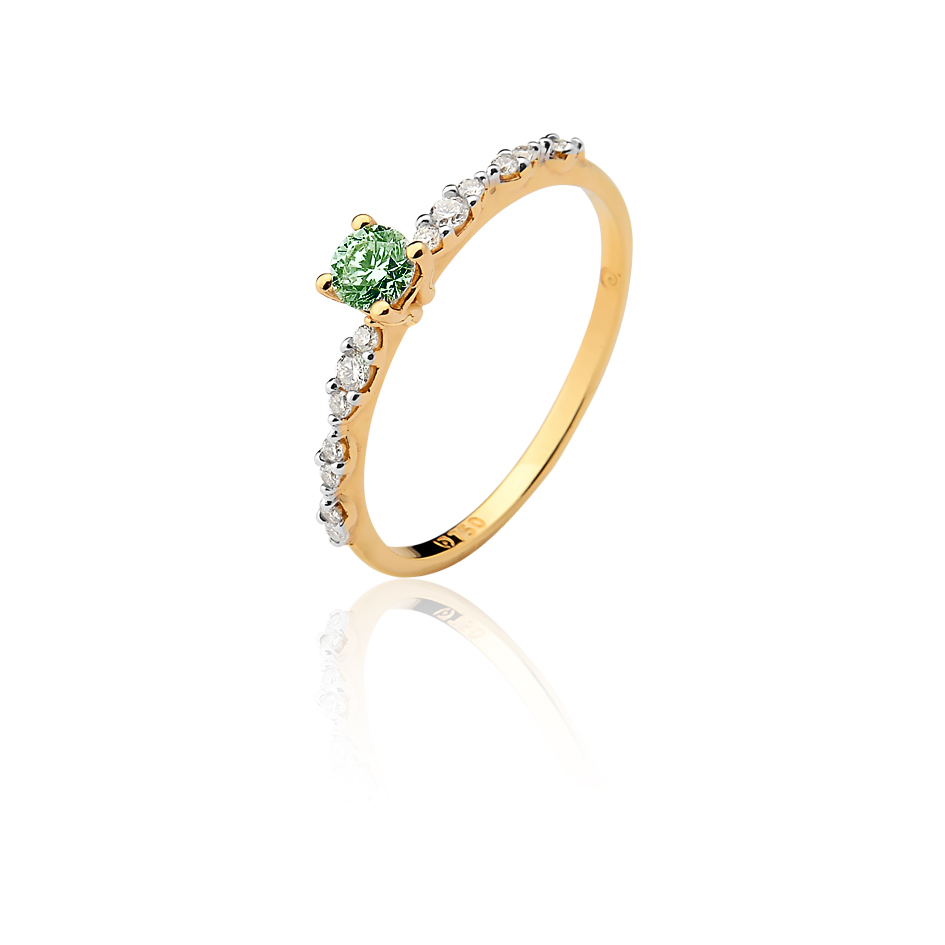 ANEL SOLITARIO OURO AMARELO 18K COM BRILHANTE E TURMALINA VERDE