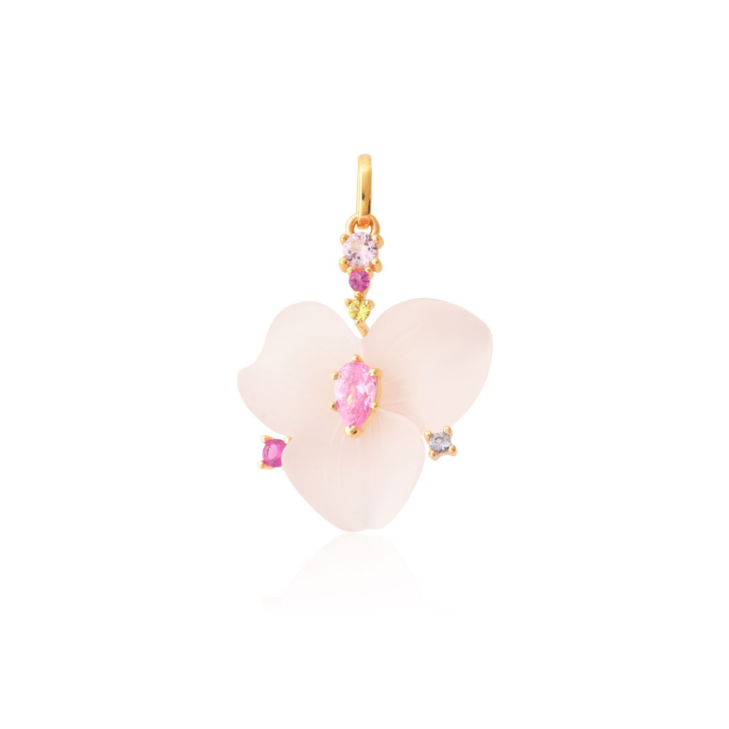 PINGENTE OURO AMARELO 10K FLOR Q. ROSA COM PERID. ECO TOP. AZUL ECO ROD.ECO SAF.ROSA ECO