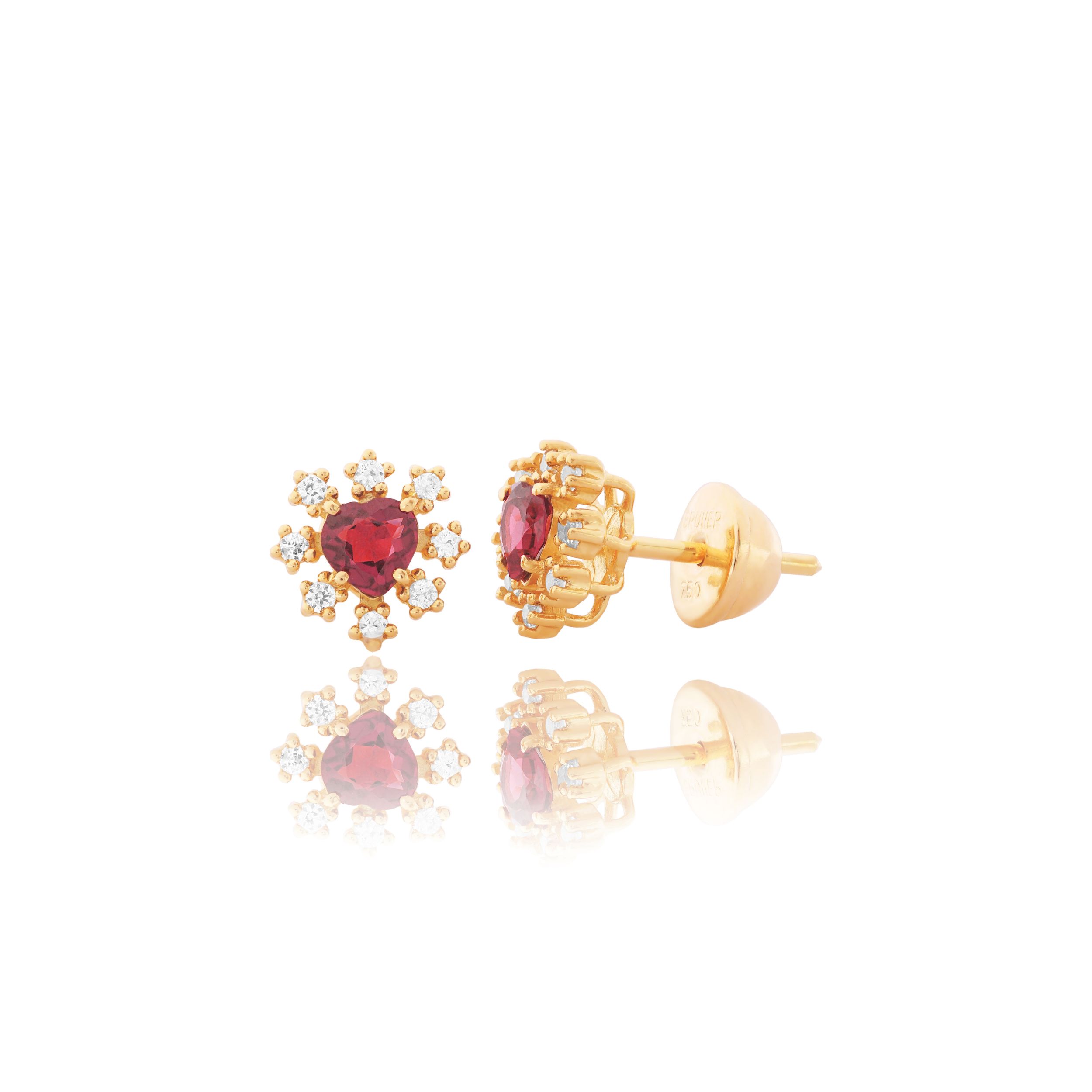 BRINCO CORAÇÃO OURO AMARELO 18K COM SAFIRA BRANCA E RODOLITA