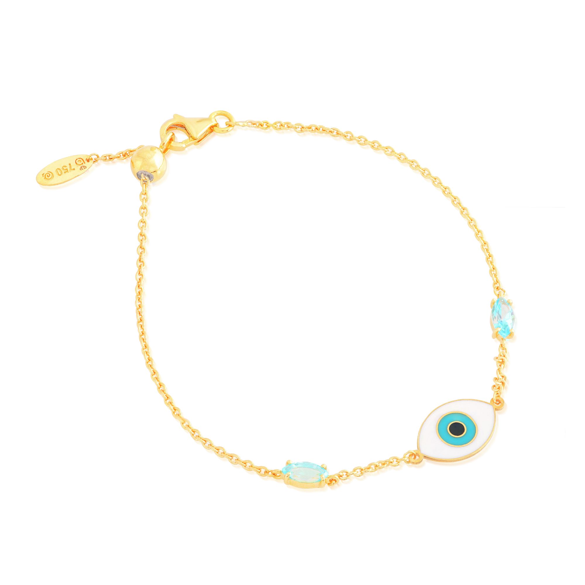 PULSEIRA OURO 18K OLHO GREGO NAVETE PIGMENTO BRANCO AZUL PRETO COM TOP. BRANCO TOP. AZUL