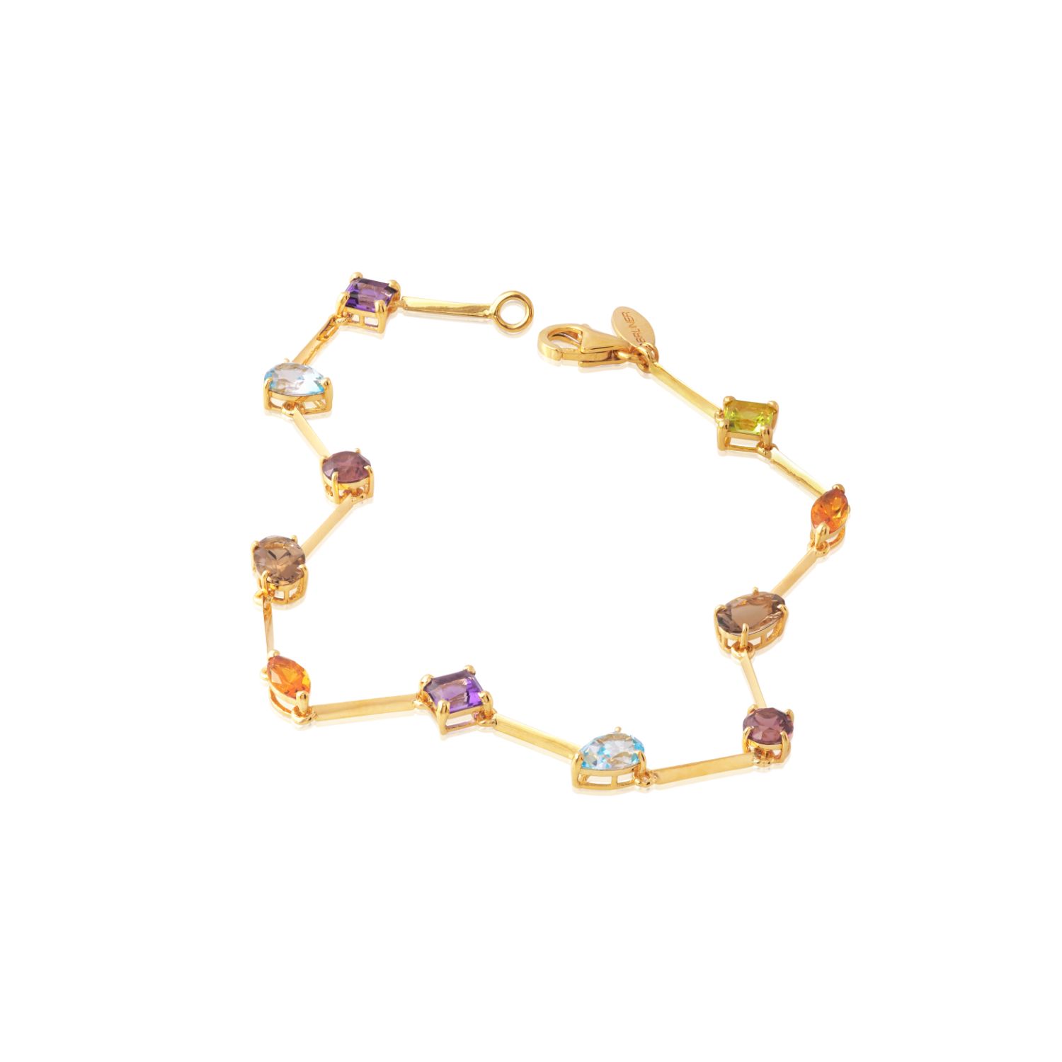 PULSEIRA OURO 18K COM AMETISTA CITRINO RODOLITA PERIDOTO TOP. AZUL E Q. FUME