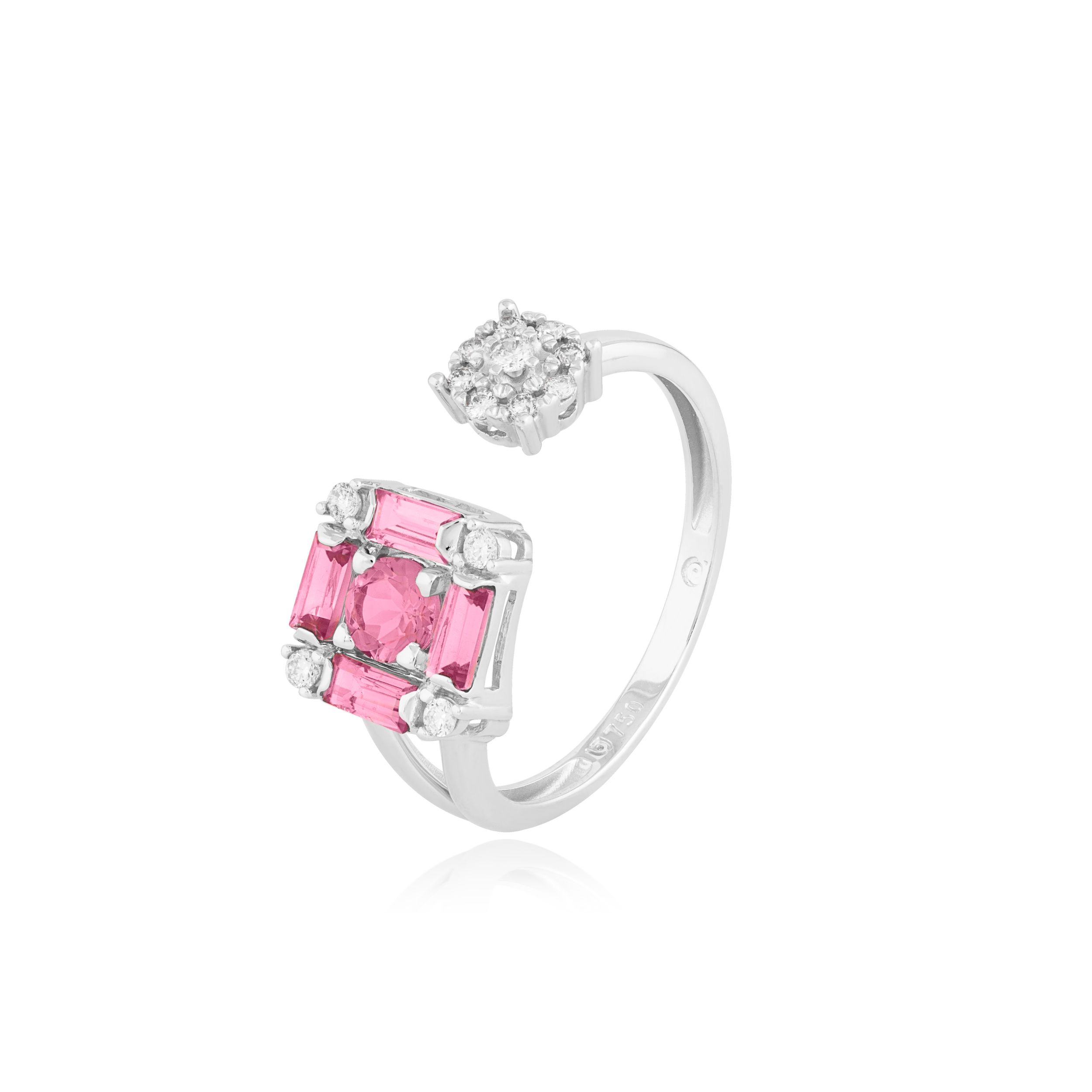 ANEL CARRE OURO AMARELO 18K COM BRILHANTE E TURMALINA ROSA