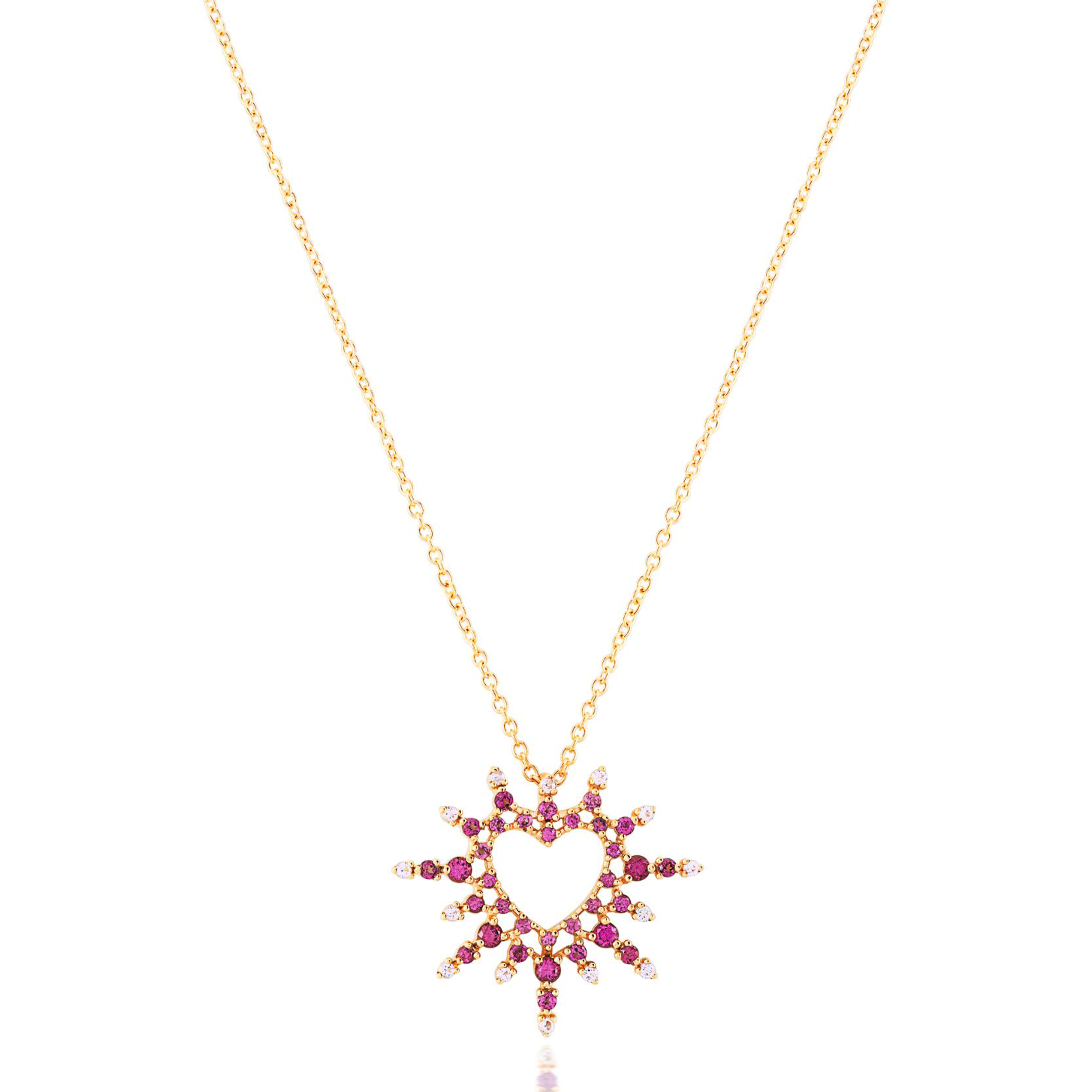 GARGANTILHA CORAÇÃO OURO AMARELO 18K COM TOP.BRANCO E RODOLITA