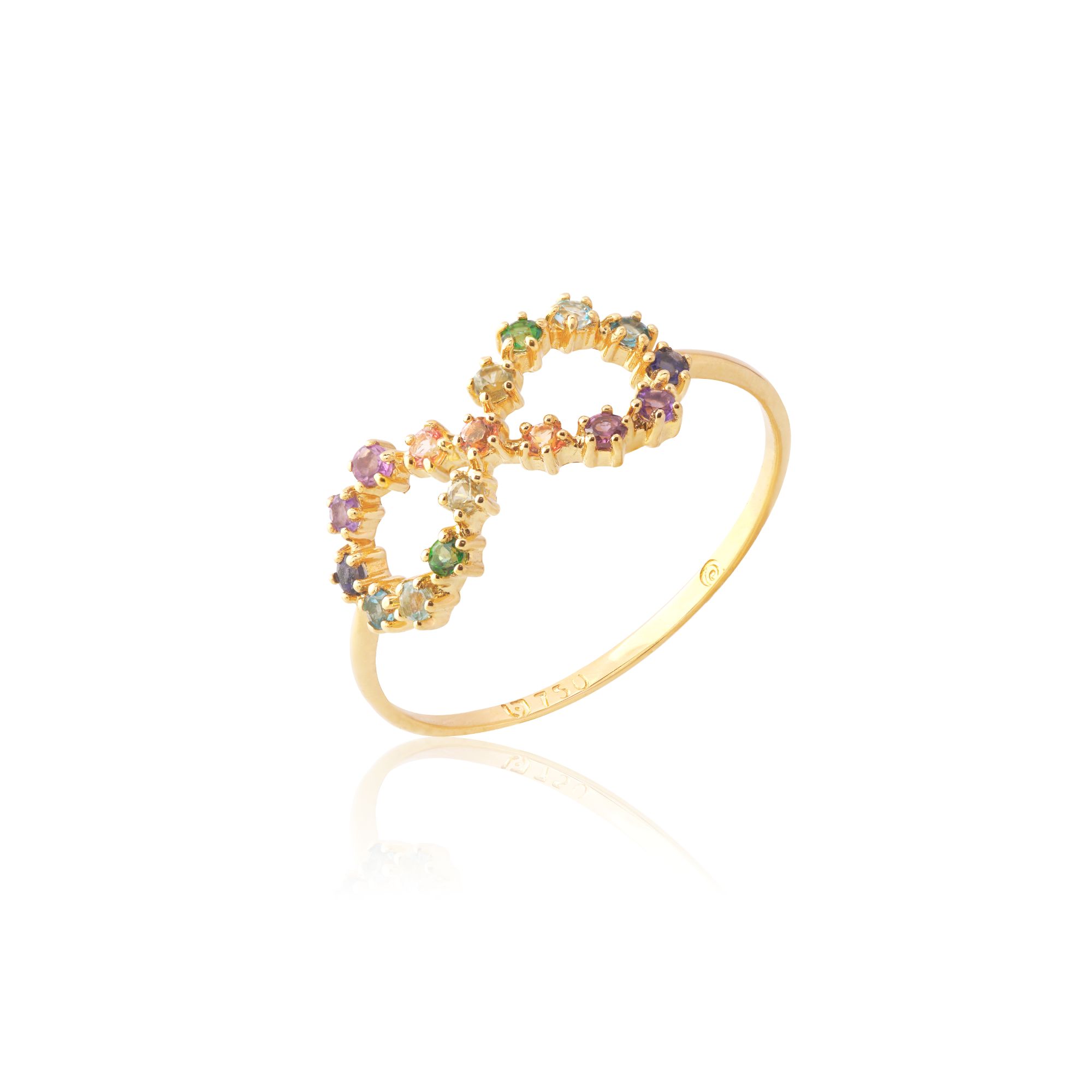 ANEL INFINITO OURO AMARELO 18K COM T. PEACH ROD. AM. IOLITA T.AZUL T.LONDON T.RAINF. SAF.VERDE