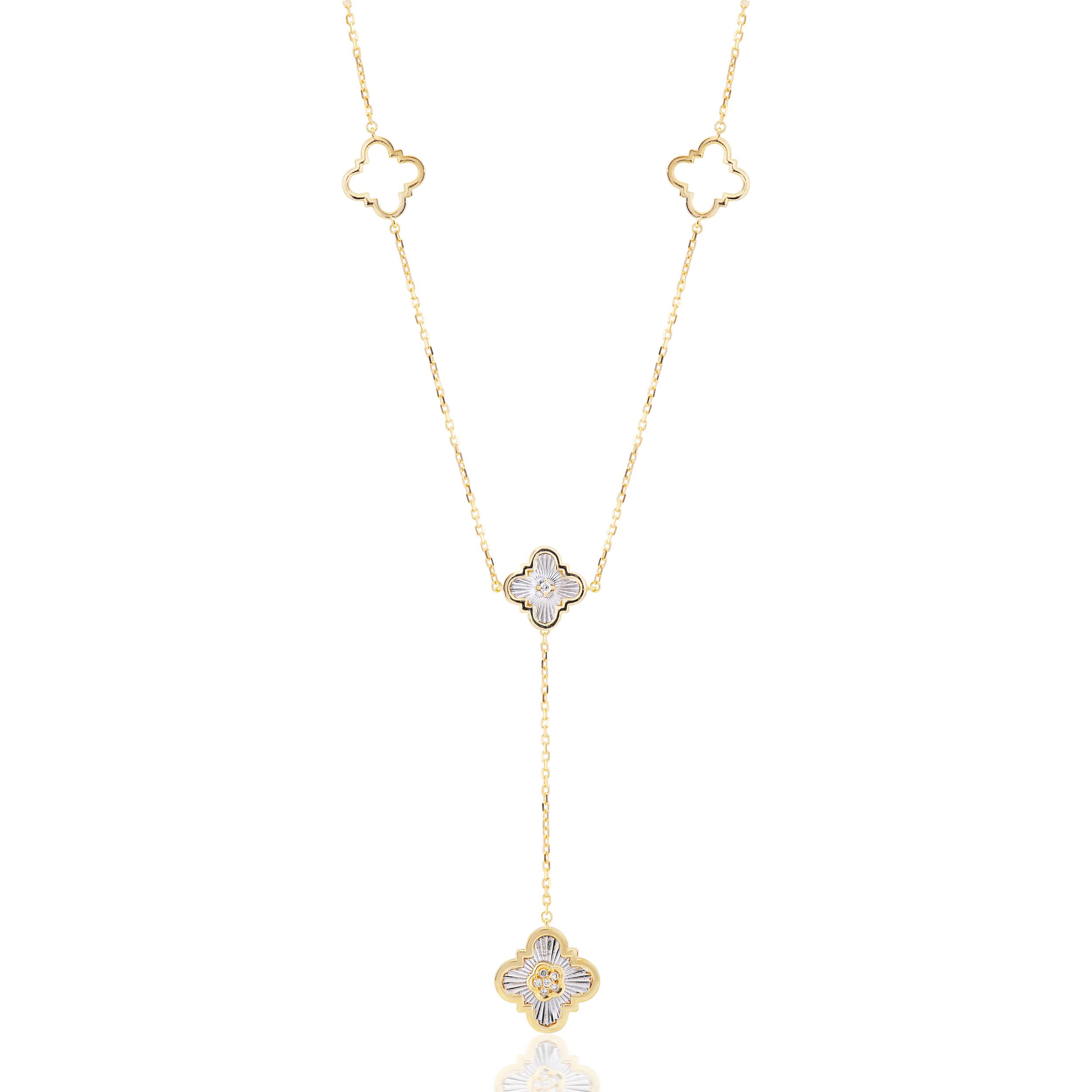 GARGANTILHA TREVO OURO AMARELO E OURO BRANCO 18K COM BRILHANTE