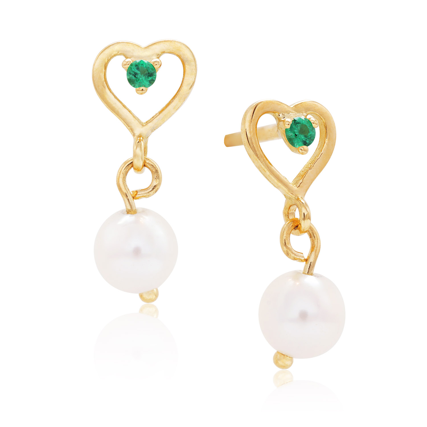 BRINCO BABY CORAÇÃO OURO AMARELO 18K COM ESMERALDA SINT. E PÉROLA