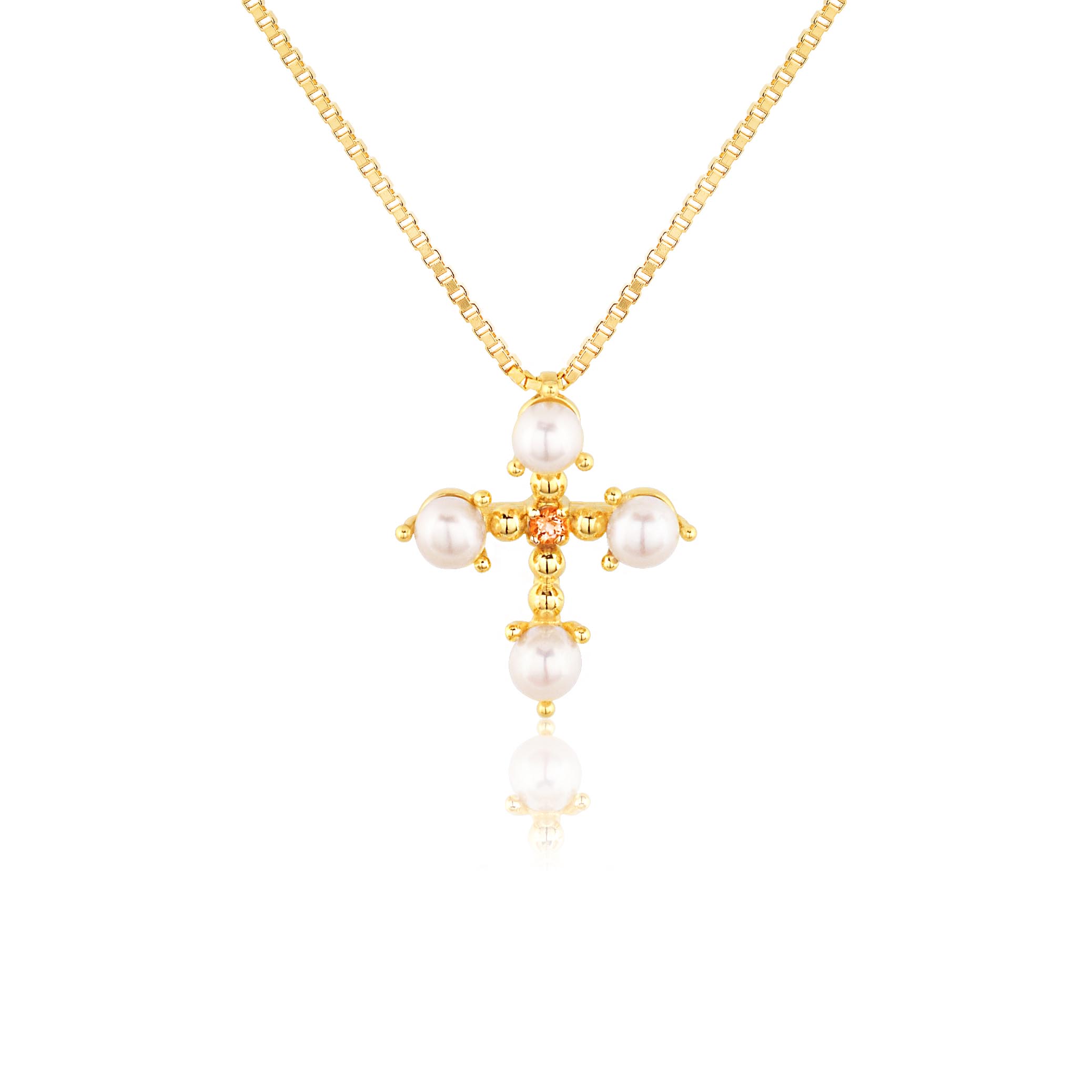 GARGANTILHA CRUZ OURO AMARELO 18K COM PEROLA E TOPAZIO PEACH