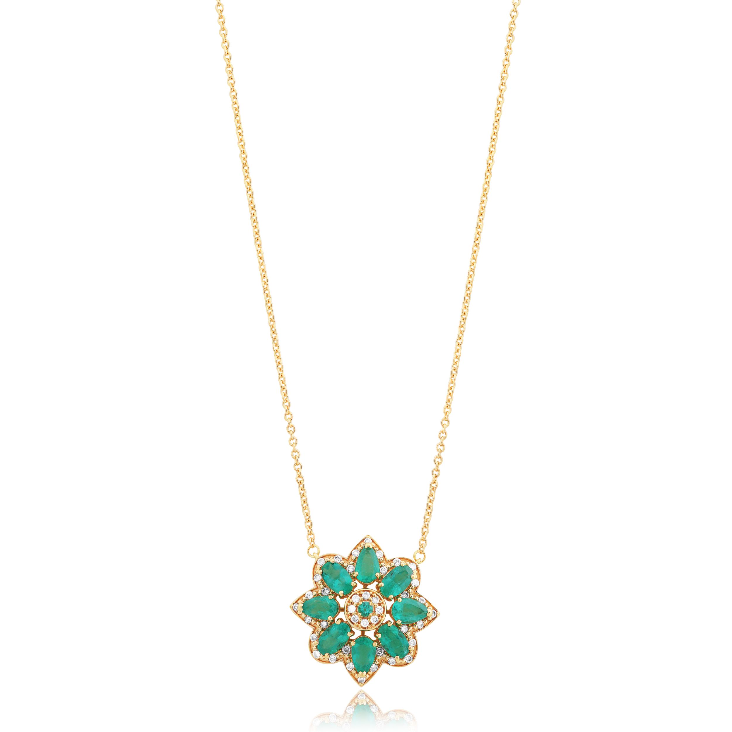 GARGANTILHA FLOR OURO AMARELO18K COM BRILHANTE E ESMERALDA
