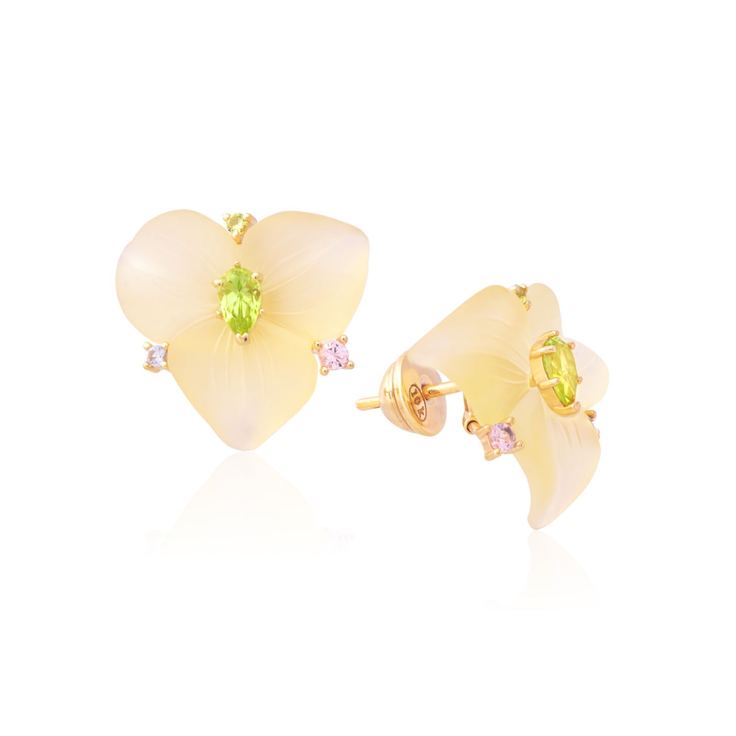 BRINCO OURO AMARELO 10K FLOR GREEN GOLD COM PERID. ECO TOP. AZUL ECO S.ROSA ECO