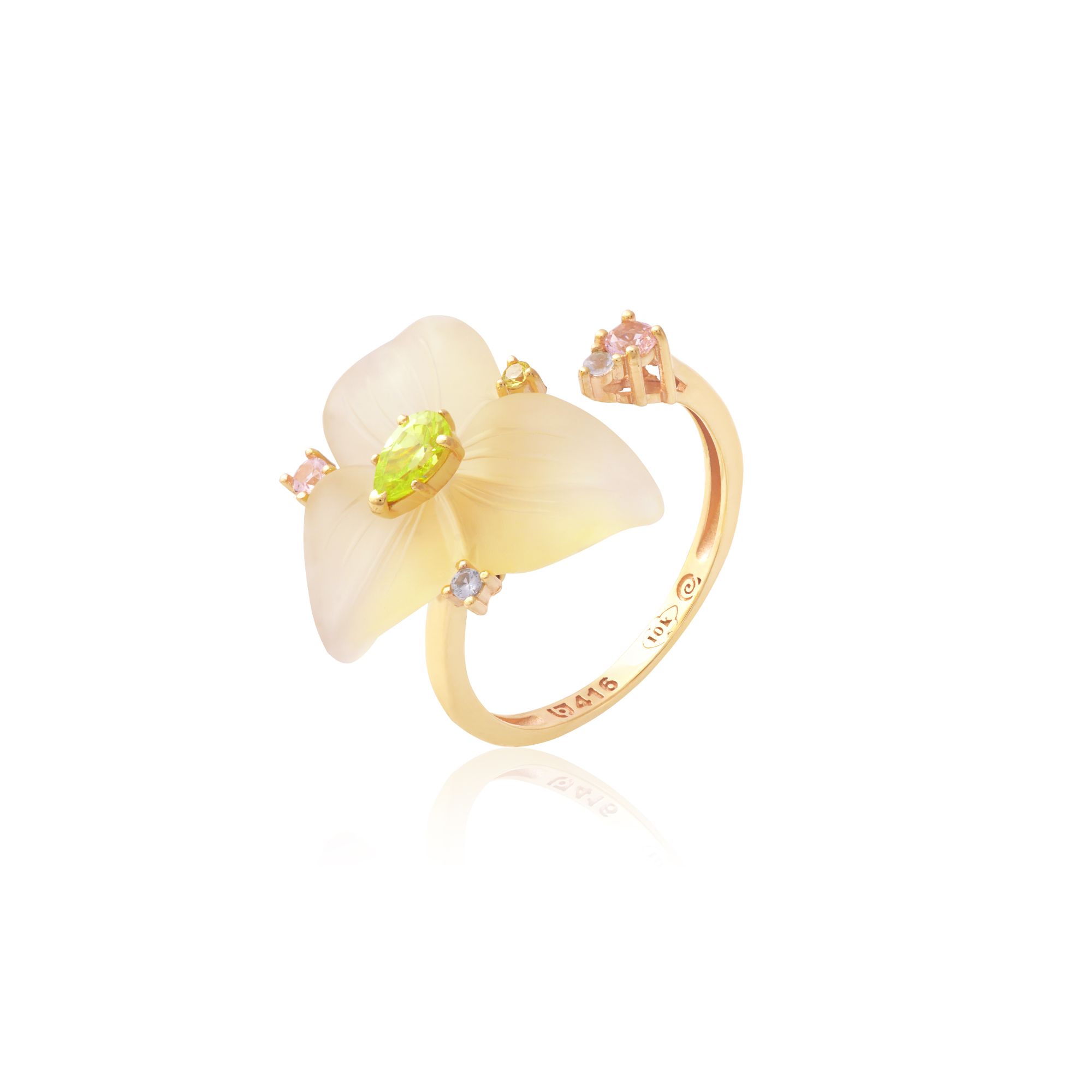 ANEL OURO AMARELO 10K FLOR GREEN GOLD COM PERID.ECO S. ROSA ECO TOP. AZUL ECO