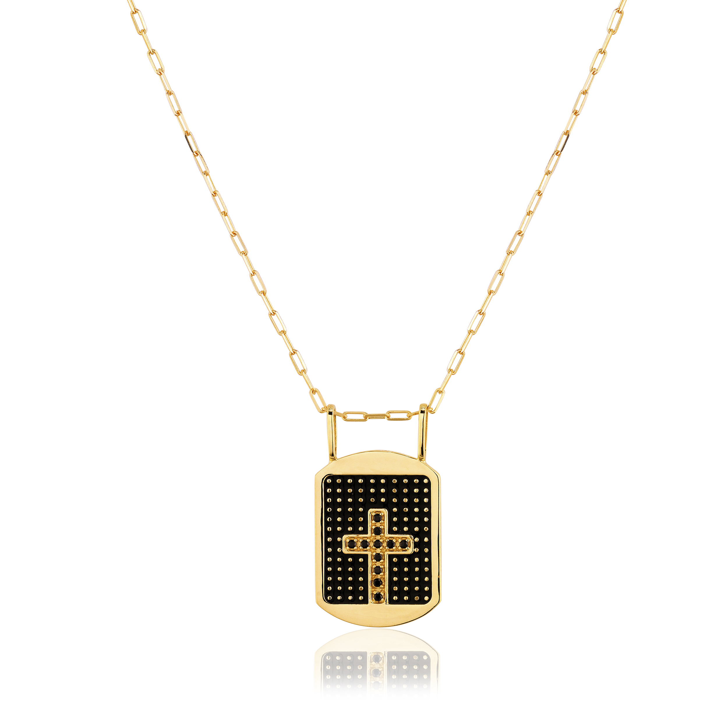 GARG. MASCULINA COM MEDALHA OURO AMARELO 18K COM PIGMENTO PRETO E CRUCIFICO COM ESPINÉLIO