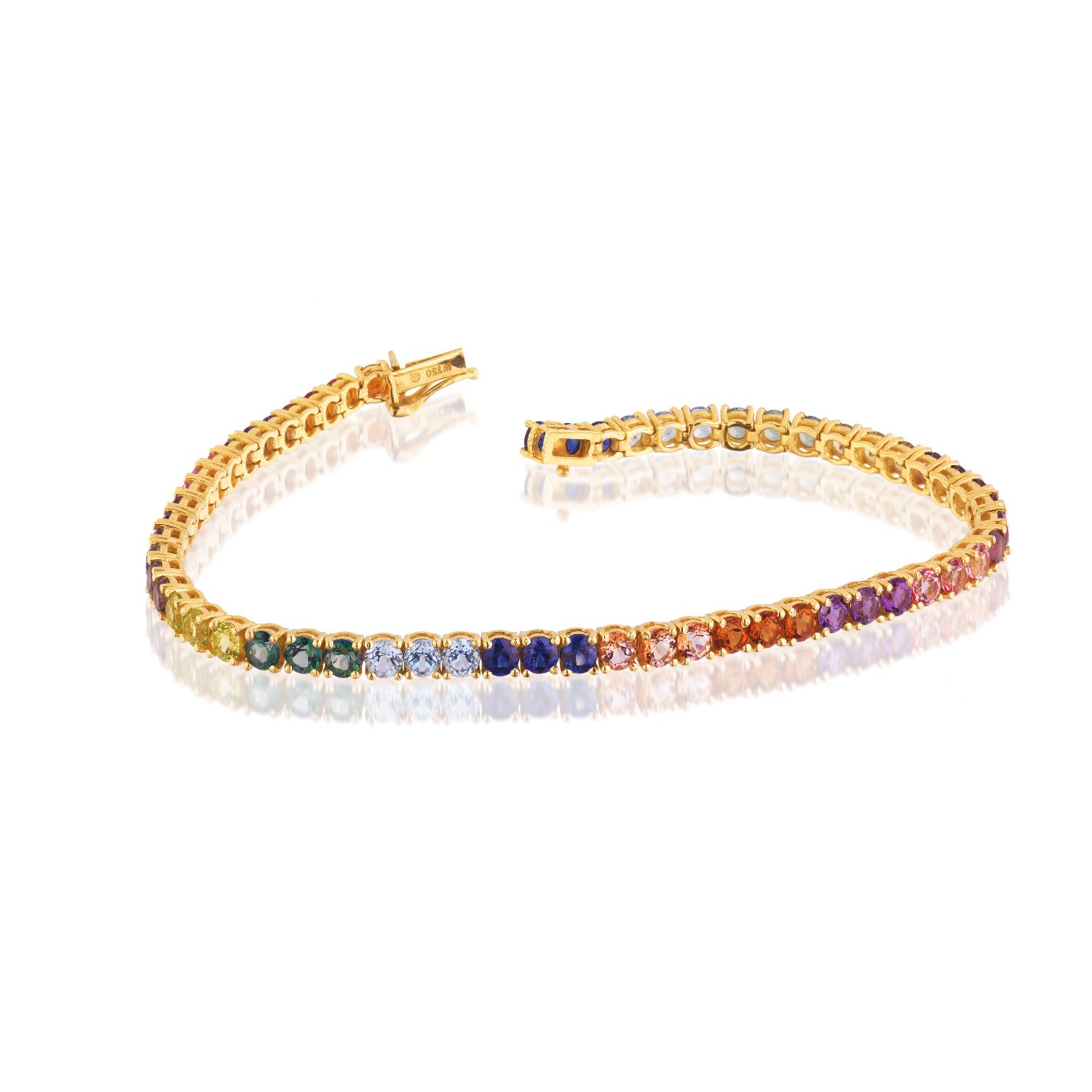 PULSEIRA RIVIERA REDONDA OURO AMARELO 18K 18CM 3MM AMET. CIT. ROD. PERID. T.AZUL SAF.A. T.ROSA T.RAINF. Q.F. T.PEACH