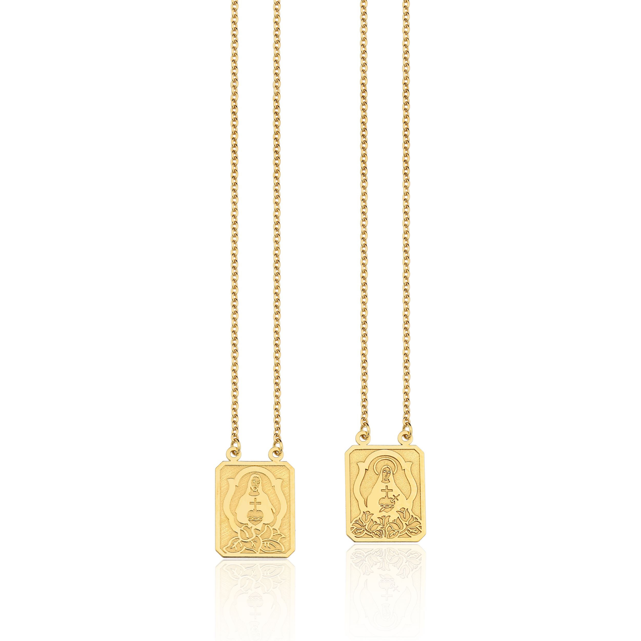ESCAPULARIO SAGRADO CORAÇÃO JESUS E SAGRADO CORAÇÃO MARIA OURO AMARELO 18K
