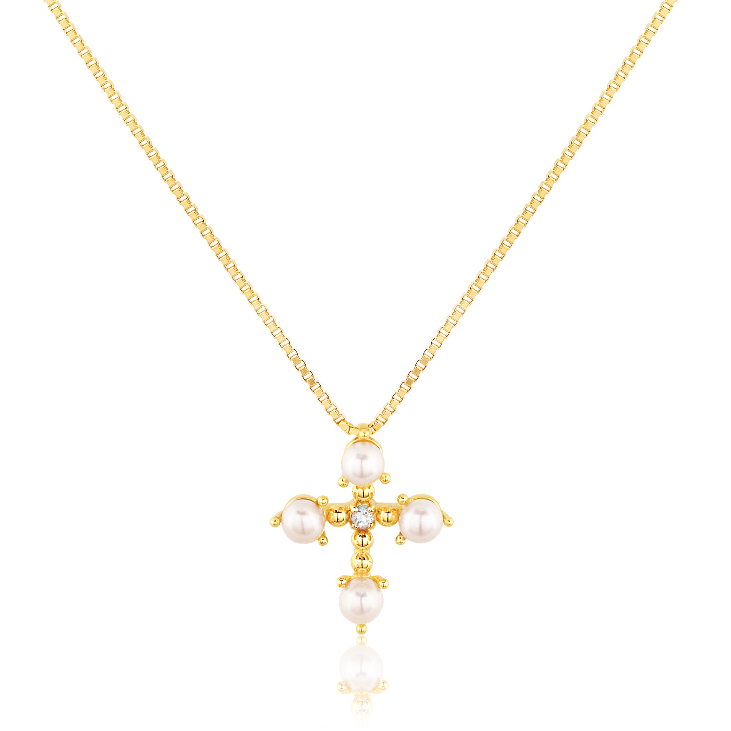 GARGANTILHA CRUZ OURO AMARELO 18K COM PEROLA E TOPAZIO BRANCO