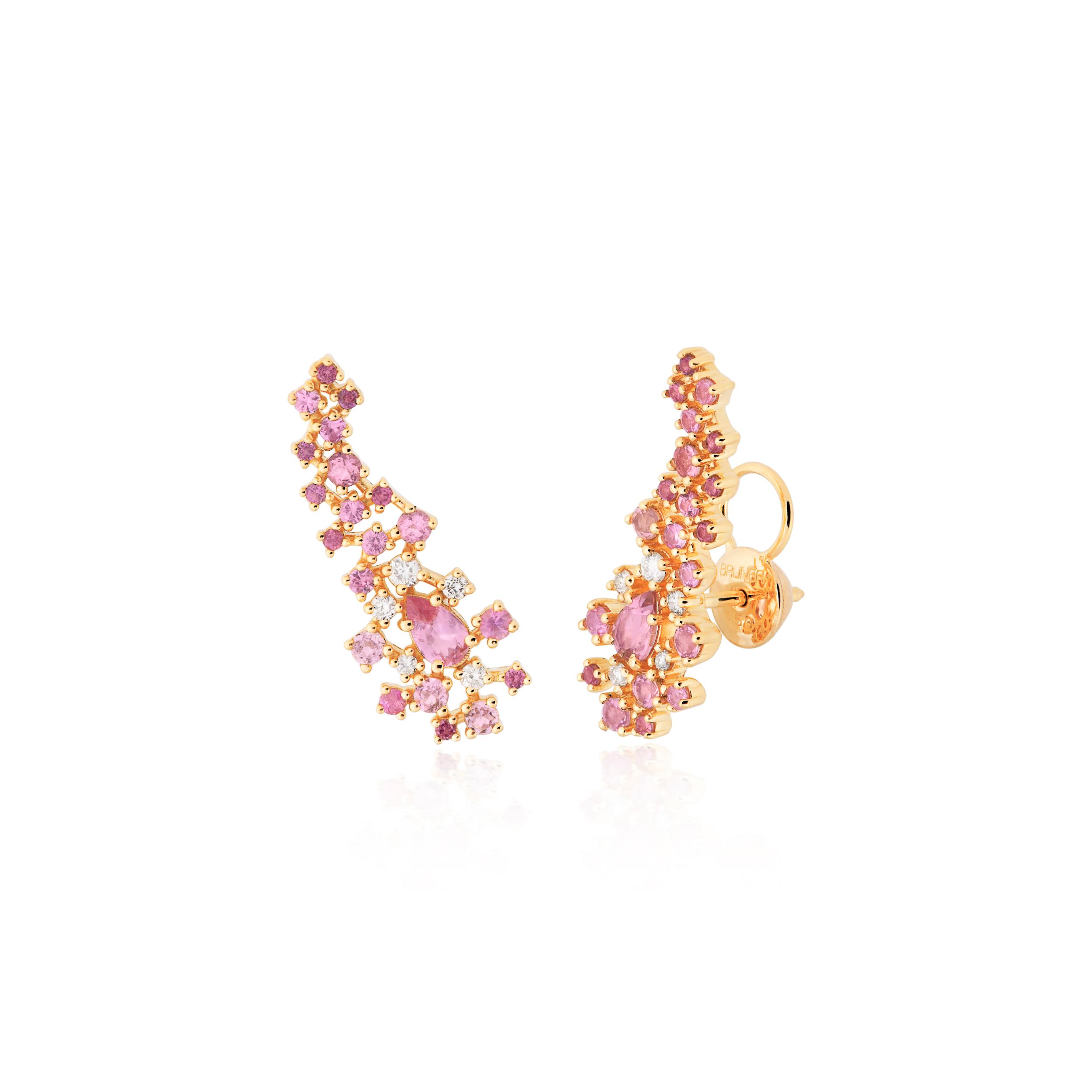BRINCO EAR CUFF OURO AMARELO 18K COM BRILHANTE RODOLITA SAFIRA ROSA TURMALINA ROSA