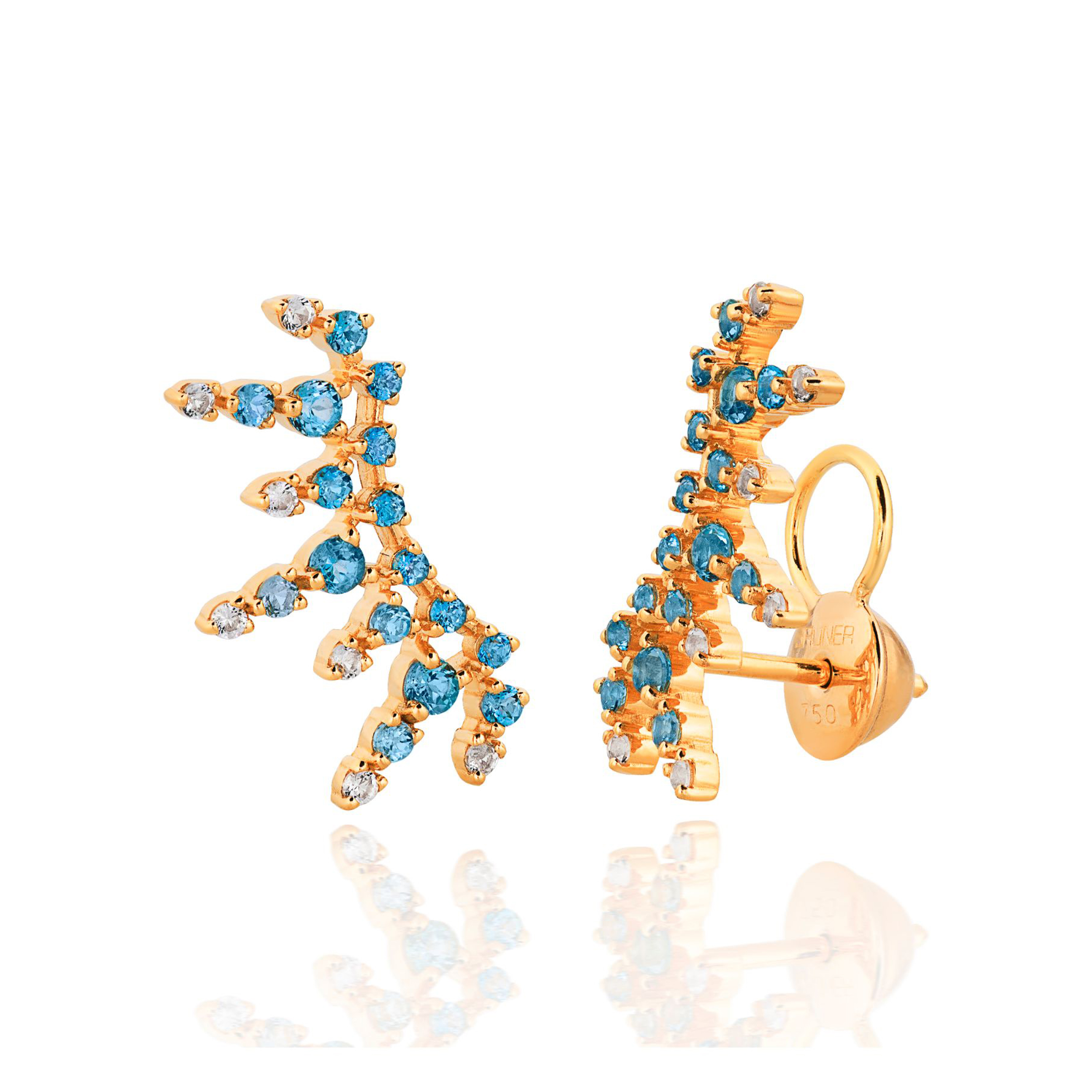 BRINCO EAR CUFF OURO AMARELO 18K COM TOP.BRANCO E TOP.AZUL