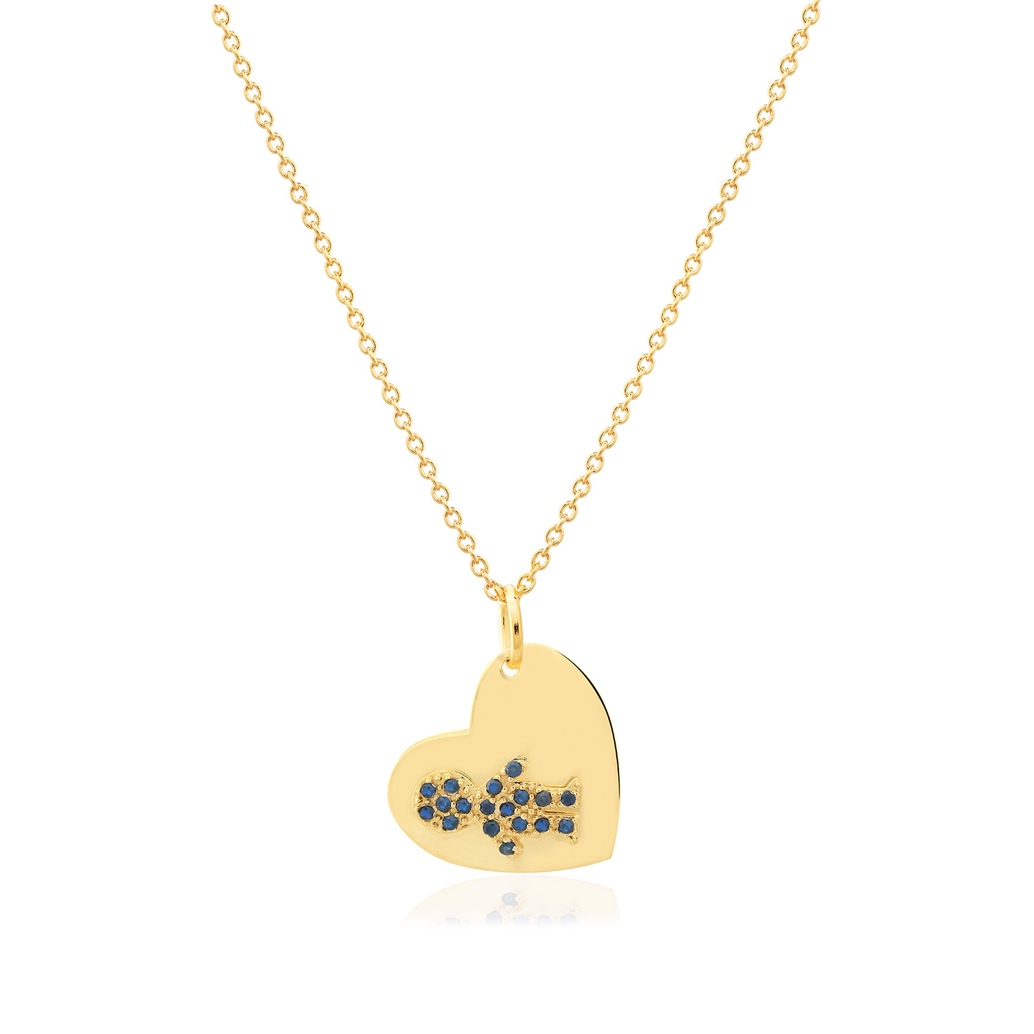 GARGANTILHA CORAÇÃO MENINO OURO AMARELO 10K 10MM COM SAFIRA AZUL ECO