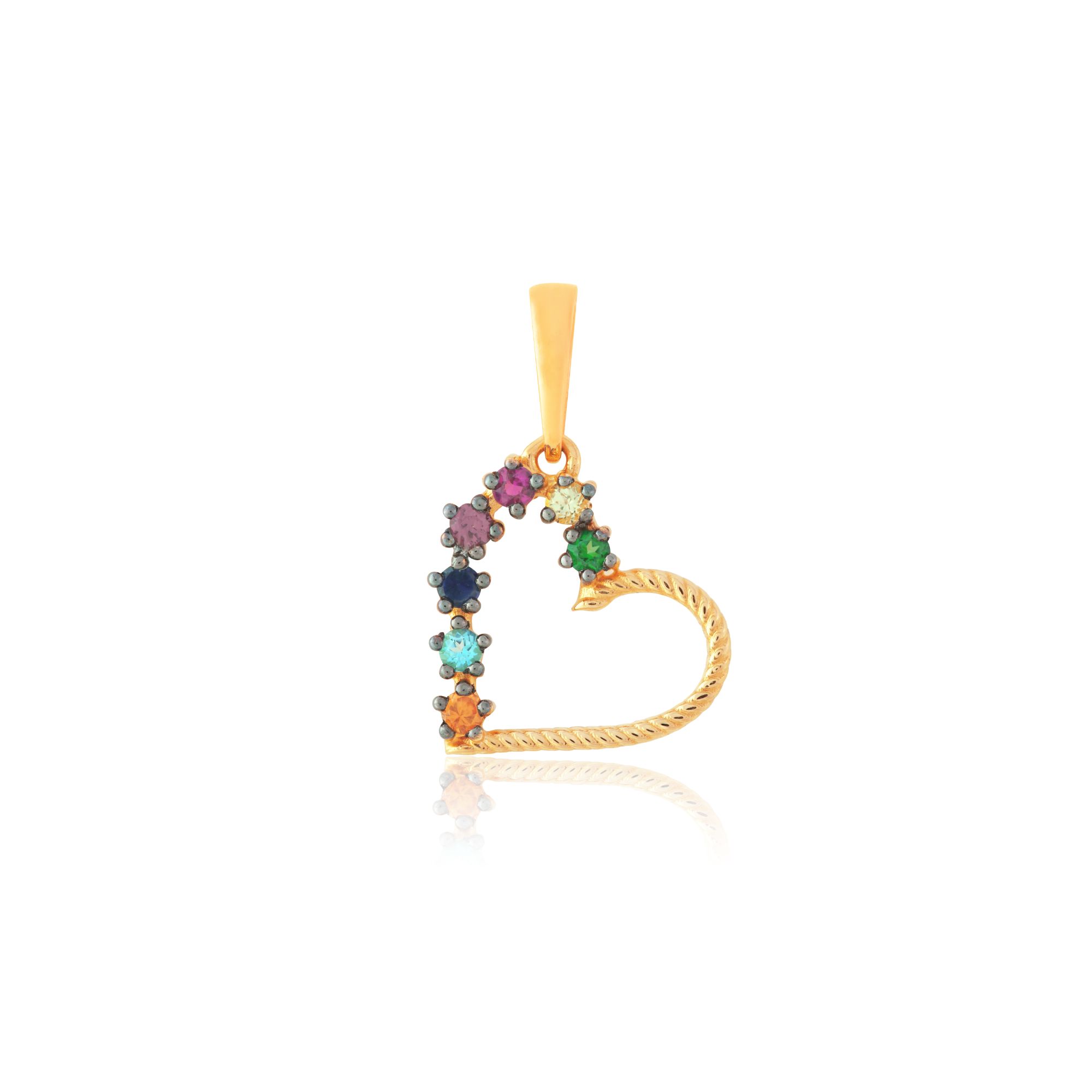PINGENTE CORAÇÃO OURO AMARELO 18K COM TOP. RAINF. ROD. PERID. SAF. AZUL RUBI TOP. AZUL SAF. LARANJA