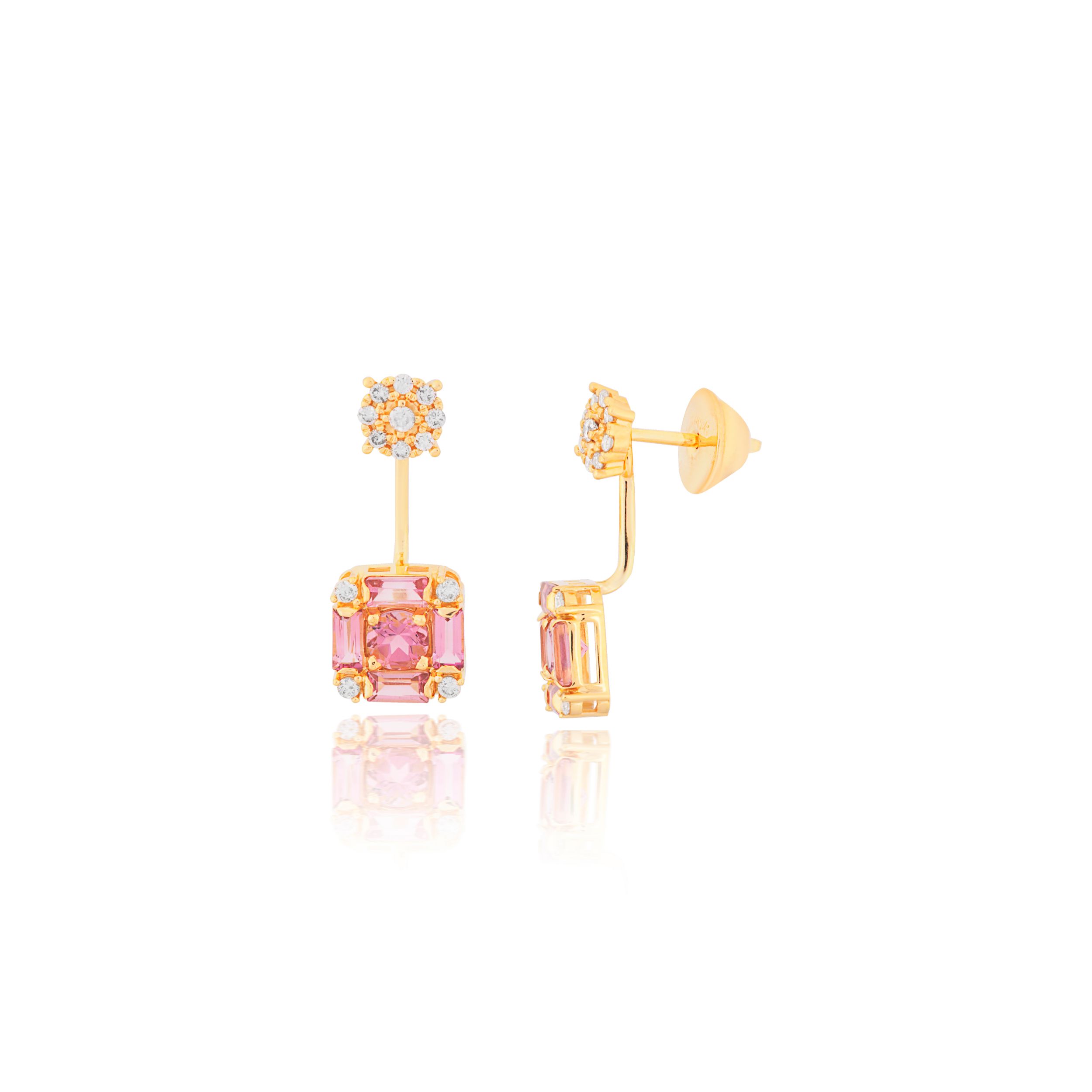 BRINCO CARRE OURO AMARELO 18K COM BRILHANTE E TURMALINA ROSA