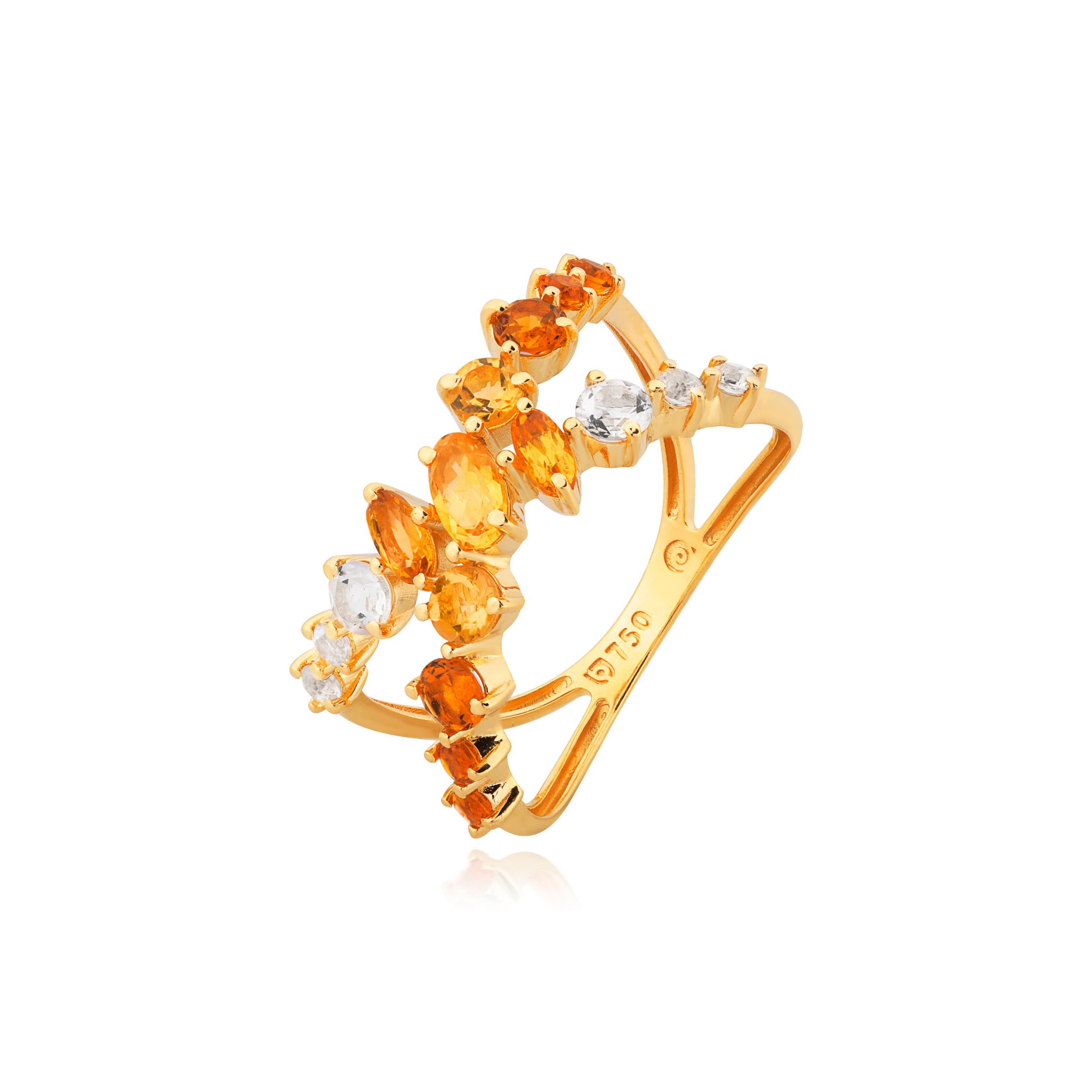 ANEL OURO AMARELO 18K COM TOP.BRANCO CITRINO ESCURO E CITRINO CLARO