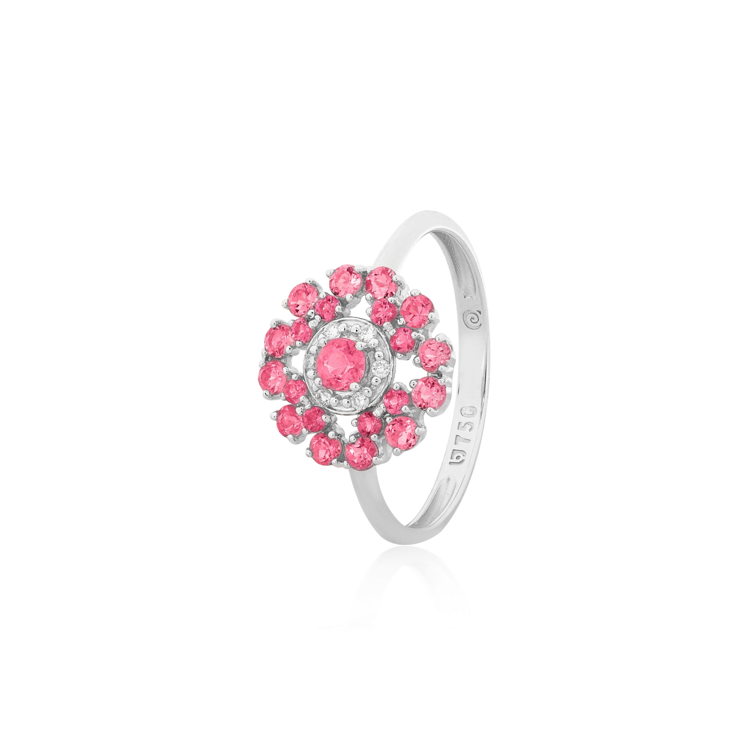 ANEL REDONDO OURO BRANCO 18K COM BRILHANTE E TURMALINA ROSA