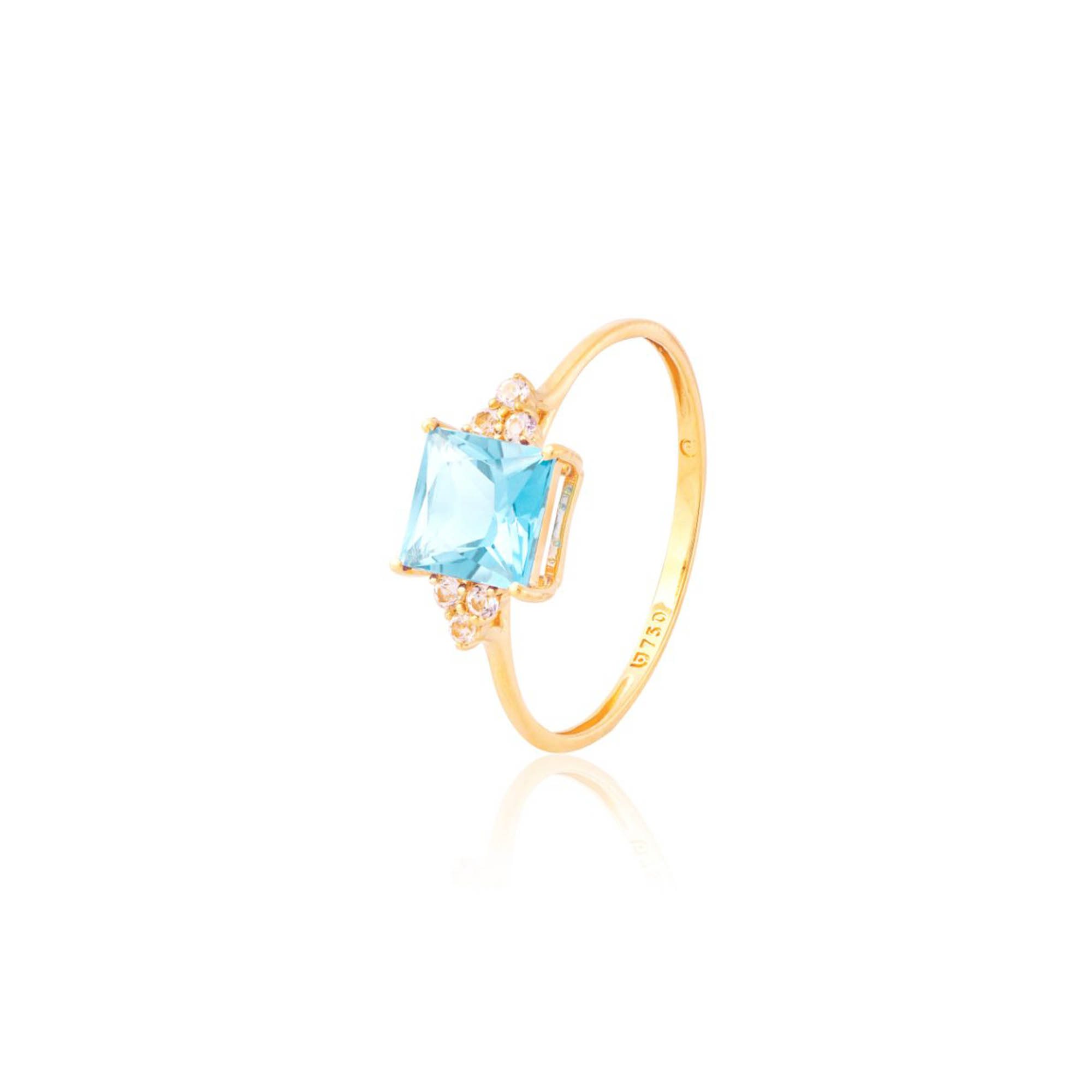 ANEL OURO AMARELO 18K QUADRADO COM TOP. BRANCO E TOP. AZUL
