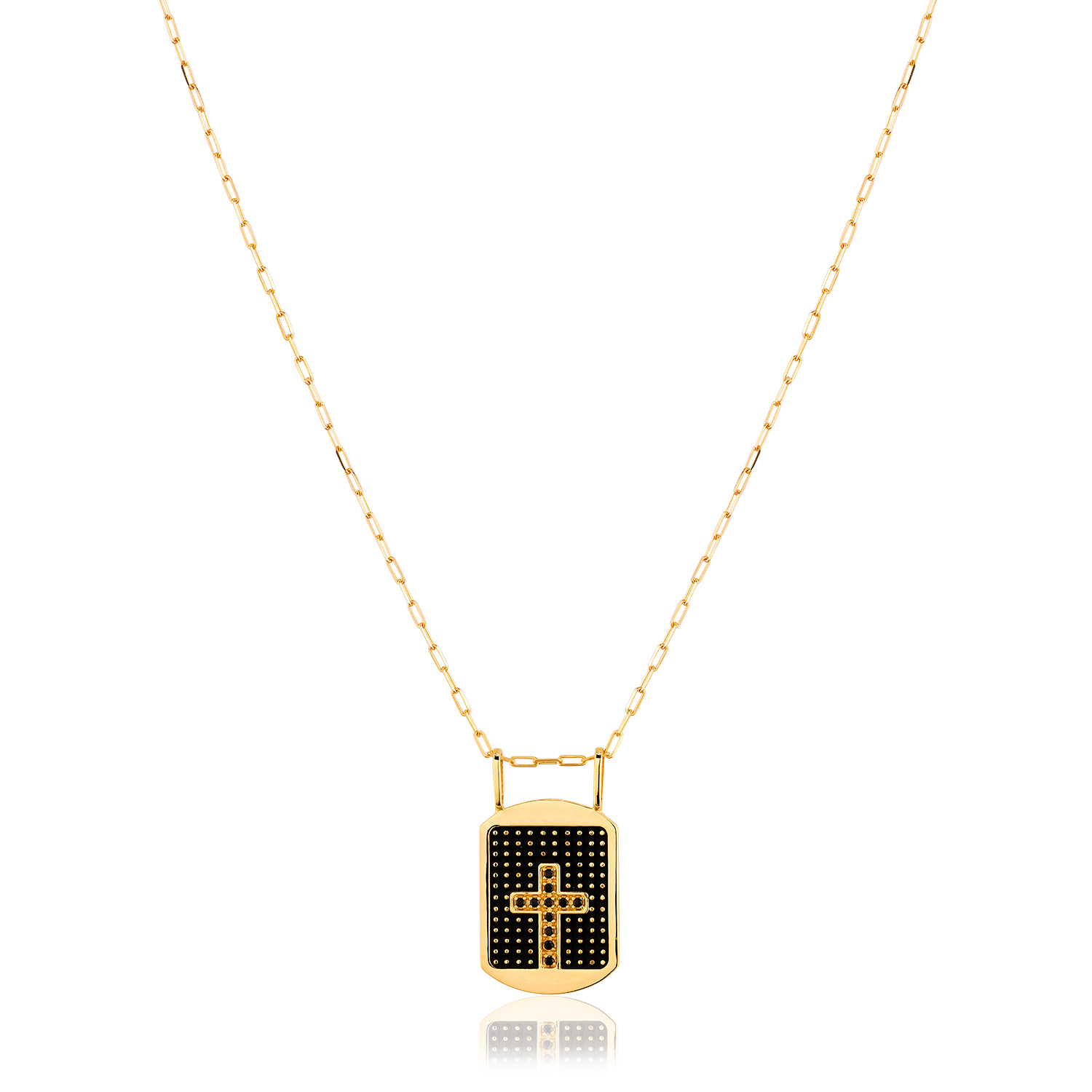 GARG. MASCULINA OURO 18K COM MEDALHA COM PIGMENTO PRETO E CRUCIFICO COM ESPINÉLIO