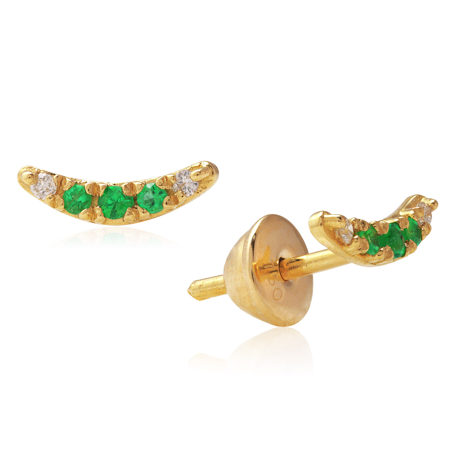 BRINCO MEIA LUA OURO AMARELO 18K COM BRILHANTE E ESMERALDA