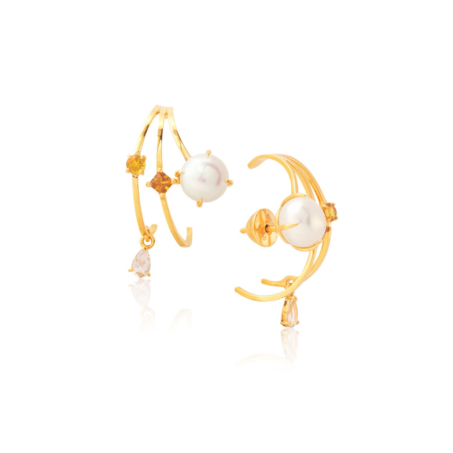 BRINCO OURO AMARELO 18K COM TOP. BRANCO PEROLA BOTÃO BRANCA E CITRINO