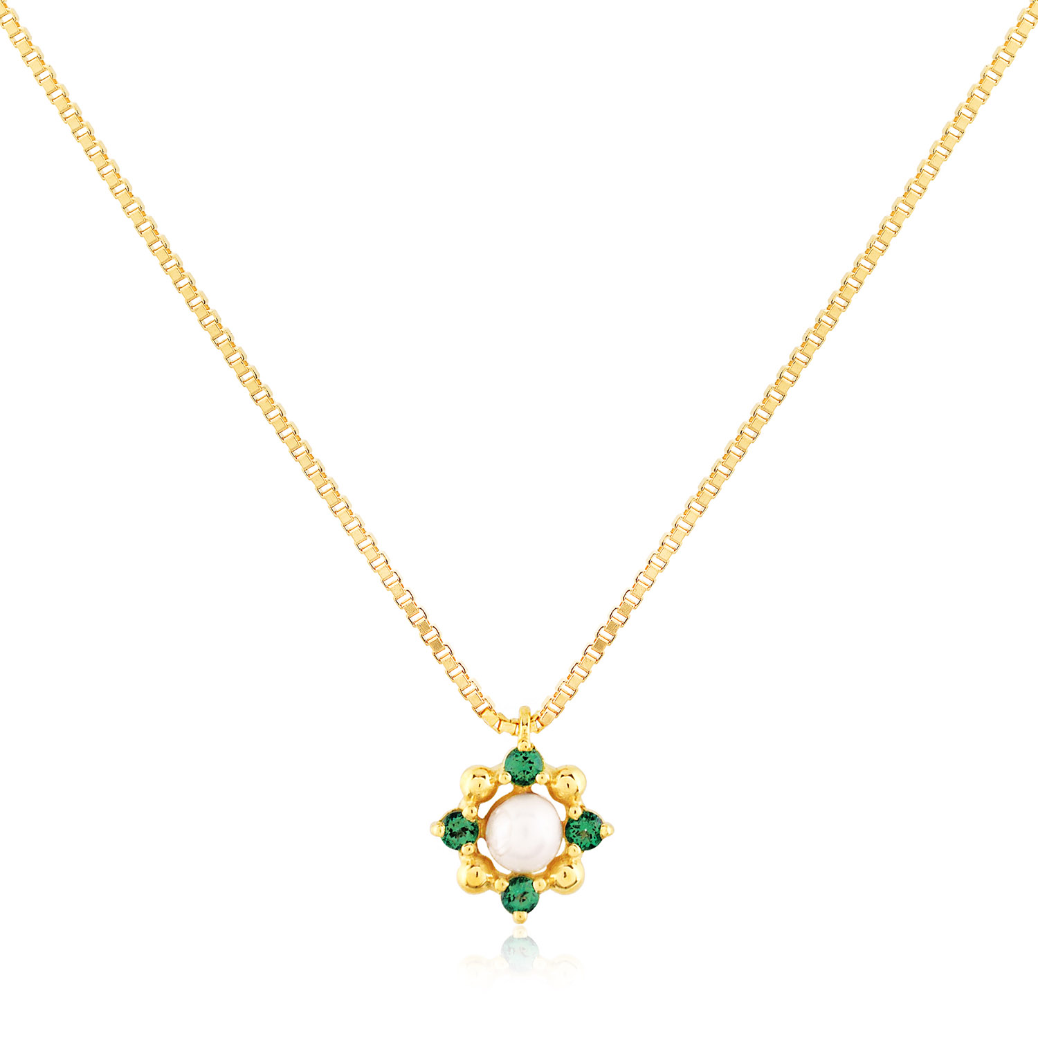 GARGANTILHA FLOR OURO AMARELO 18K COM PÉROLA E TOP. RAINFOREST