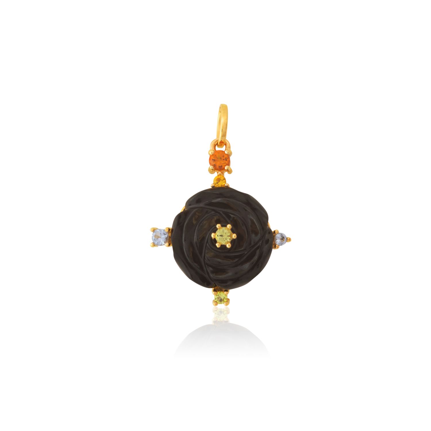 PINGENTE OURO AMARELO 10K FLOR JADE NEGRO COM CIT. ECO PERID. ECO TOP.AZUL ECO