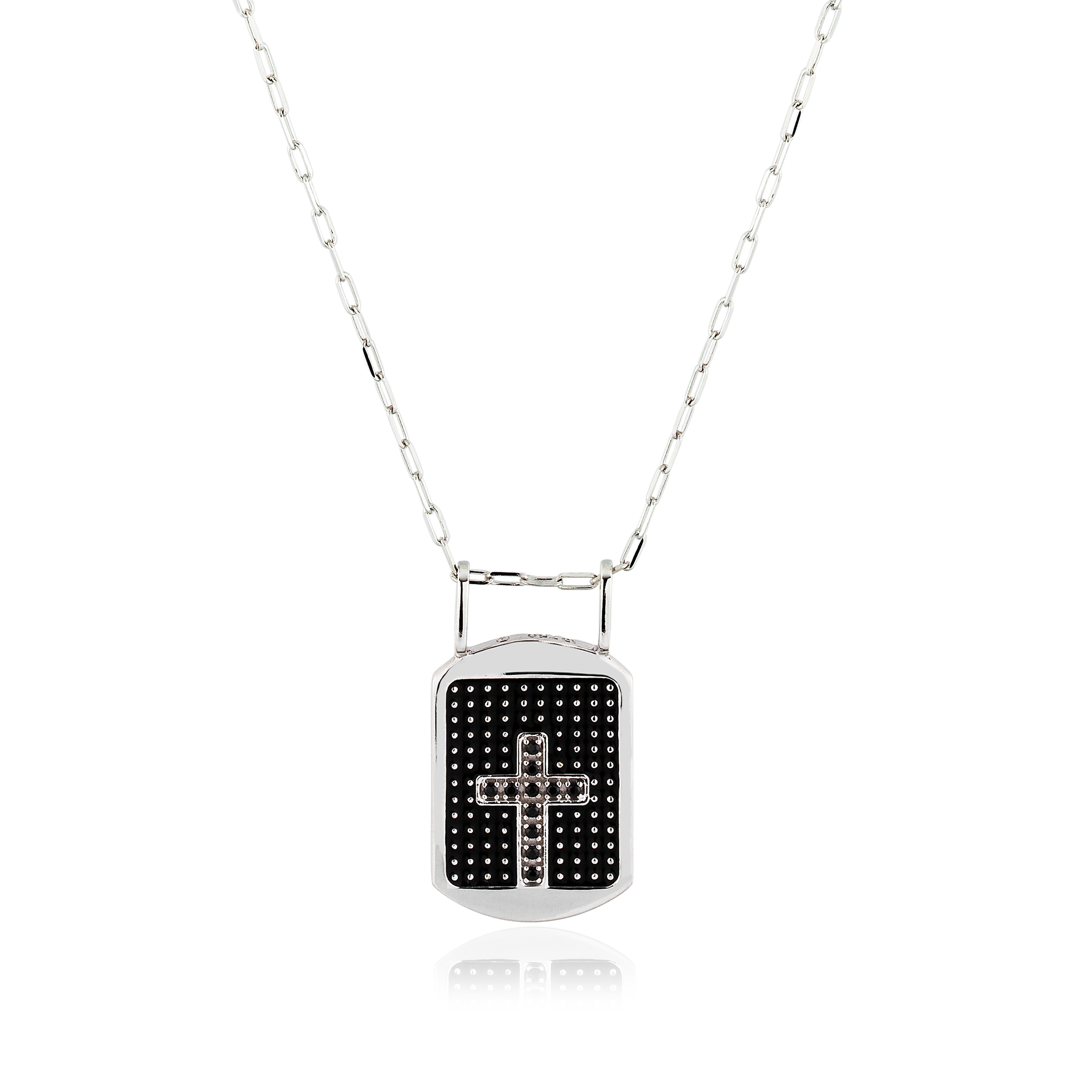 GARG. MASCULINA COM MEDALHA OURO BRANCO 18K COM PIGMENTO PRETO E CRUCIFIXO COM ESPINÉLIO