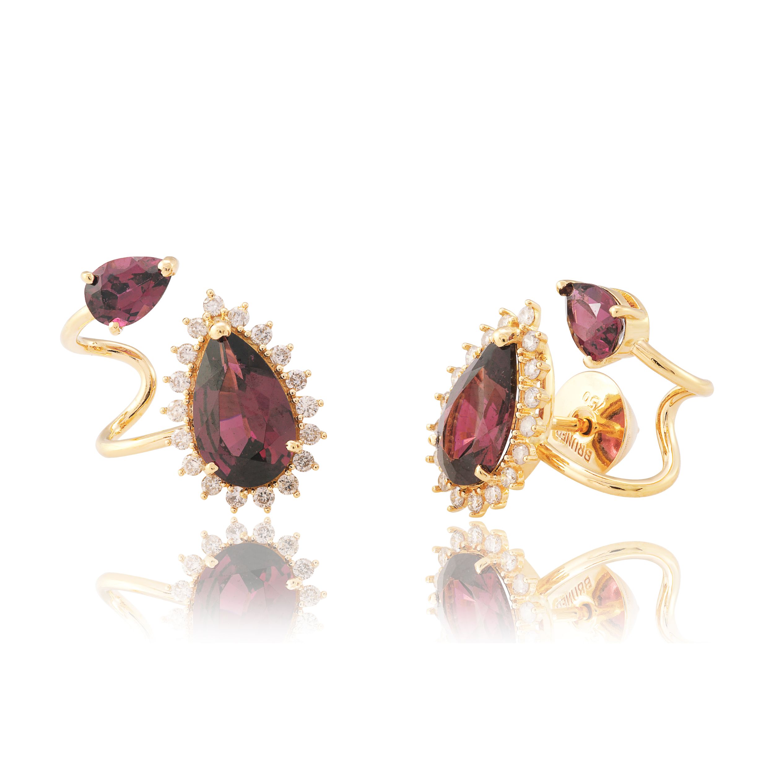 BRINCO EAR CUFF GOTA OURO AMARELO 18K COM BRILHANTE E RODOLITA