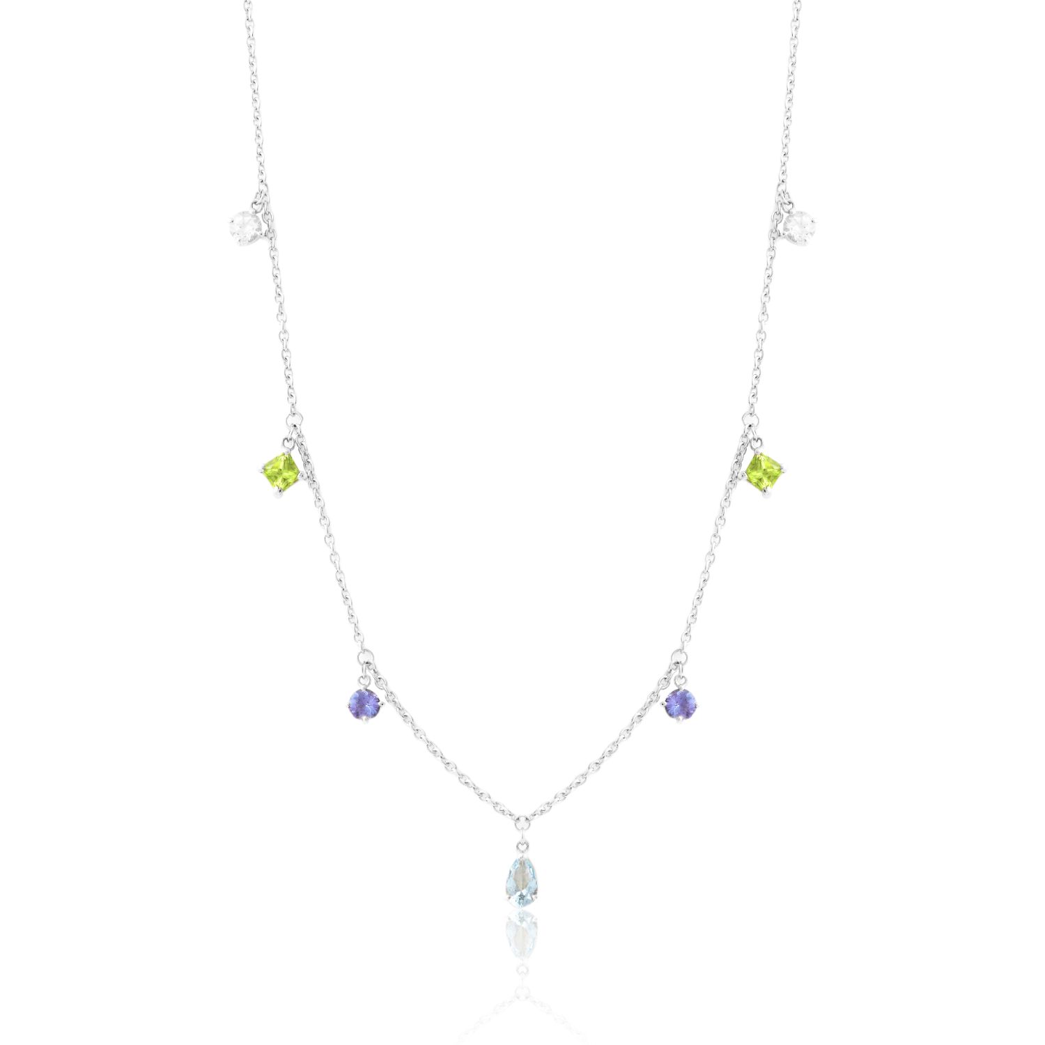 GARGANTILHA OURO BRANCO 18K COM TOP. BRANCO TOP. AZUL PERIDOTO E TANZANITA