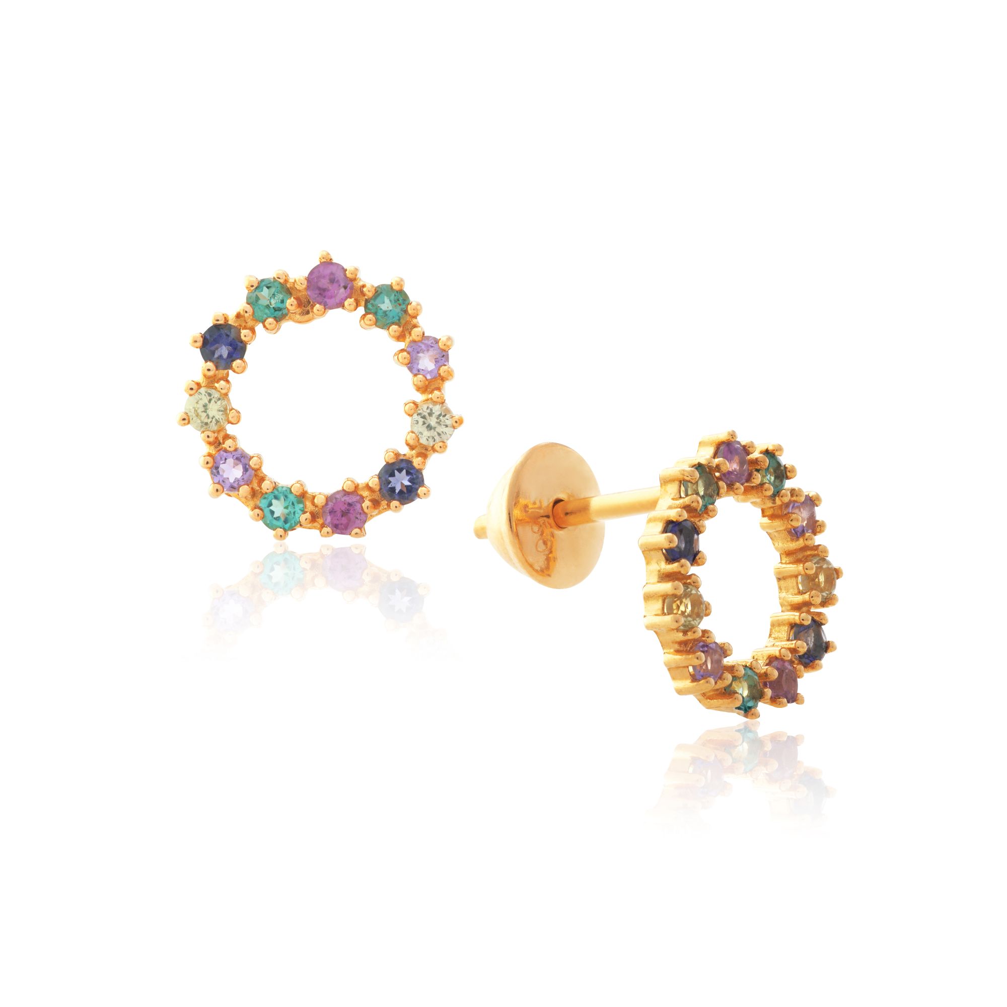 BRINCO REDONDO OURO AMARELO 18K COM RODOLITA TOP. LONDON AMETISTA SAF. VERDE IOLITA