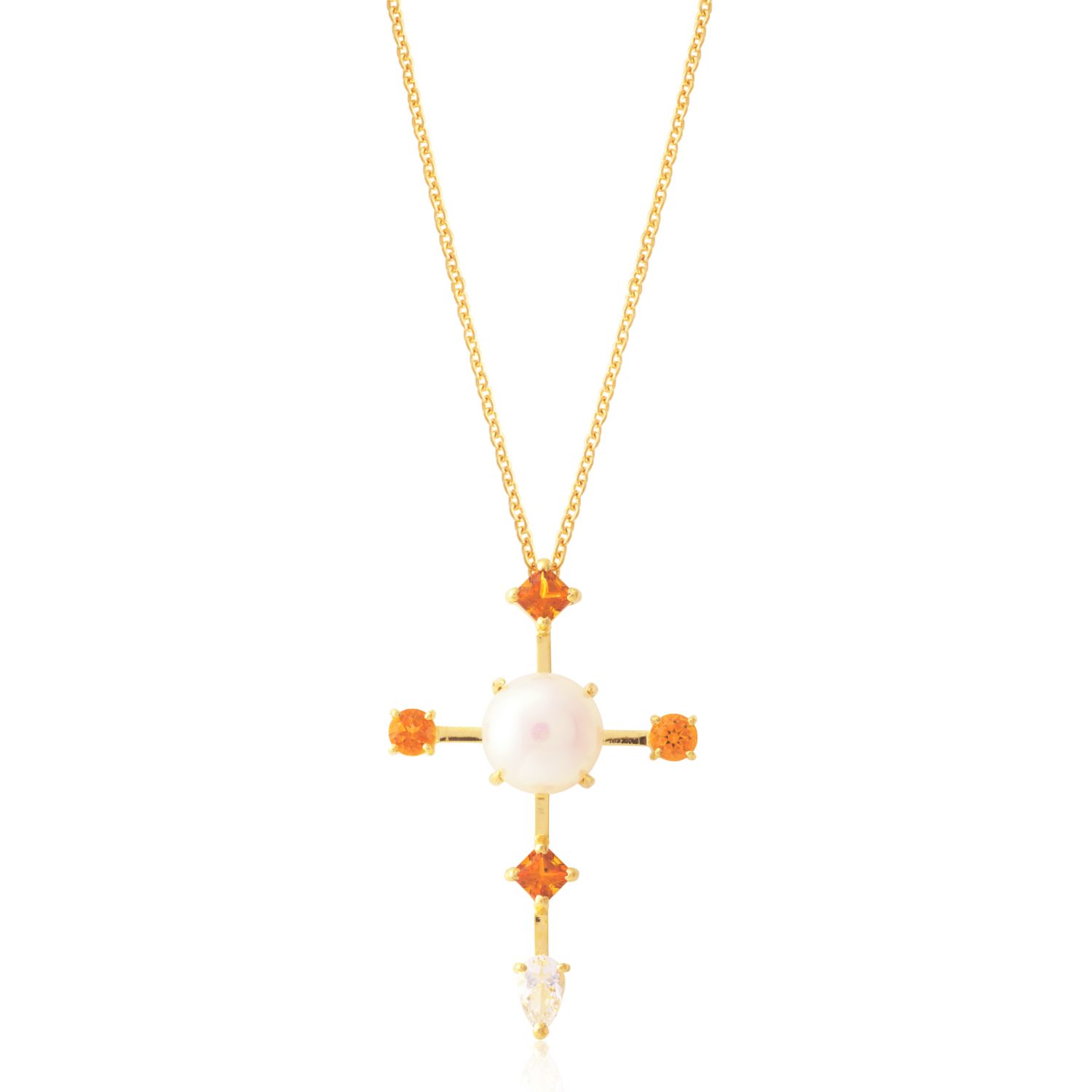 GARGANTILHA CRUZ OURO AMARELO 18K COM TOP. BRANCO PEROLA BOTÃO BRANCA E CITRINO